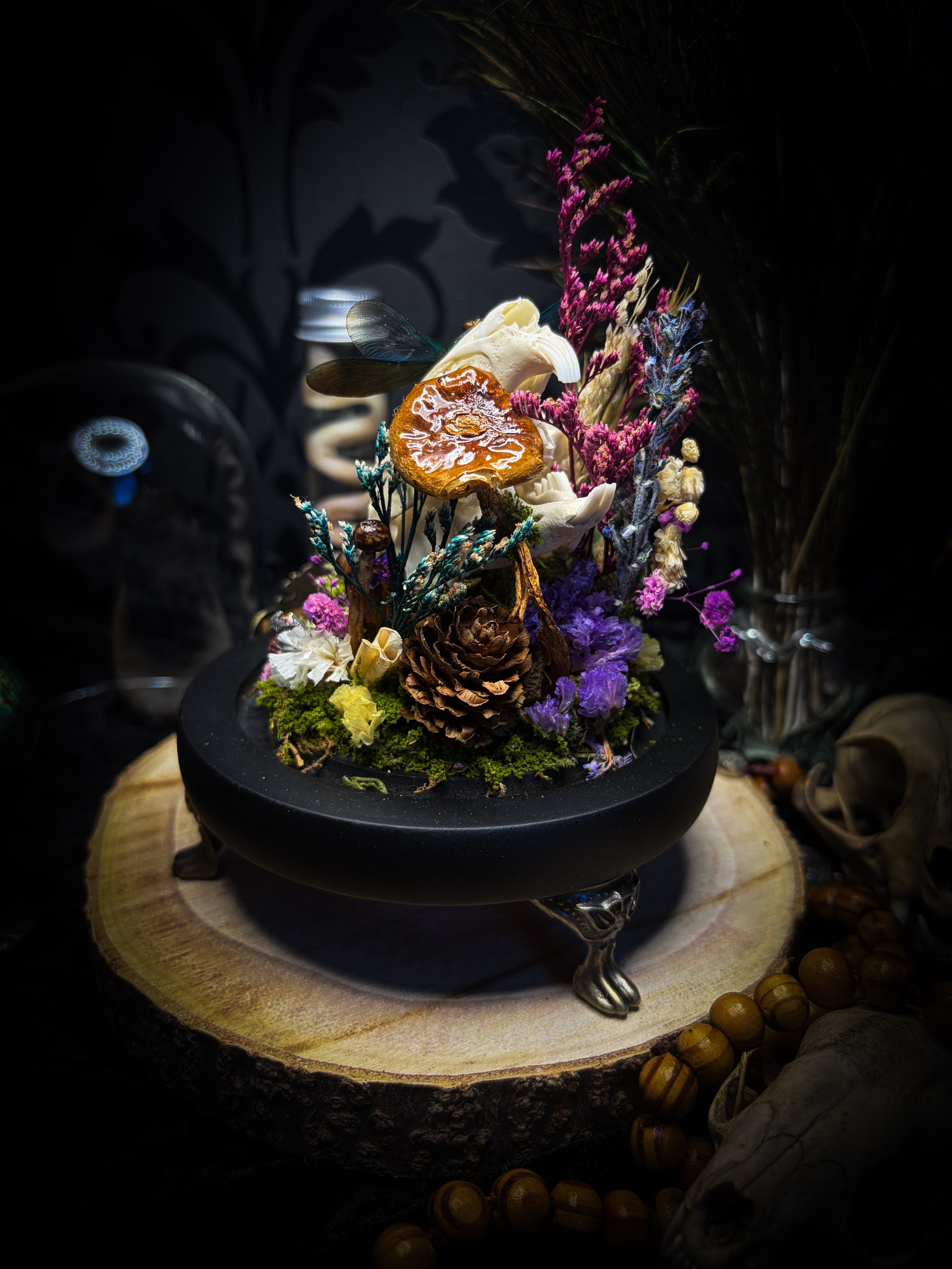 Arcana Prati Silvestris | handmade woodland glass dome with real rabbit skull, Calopteryx splendens dragonfly, snake skin, moss, lichen, dried flowers, dew-drop mushrooms and wooden base | Morbid Oddities
