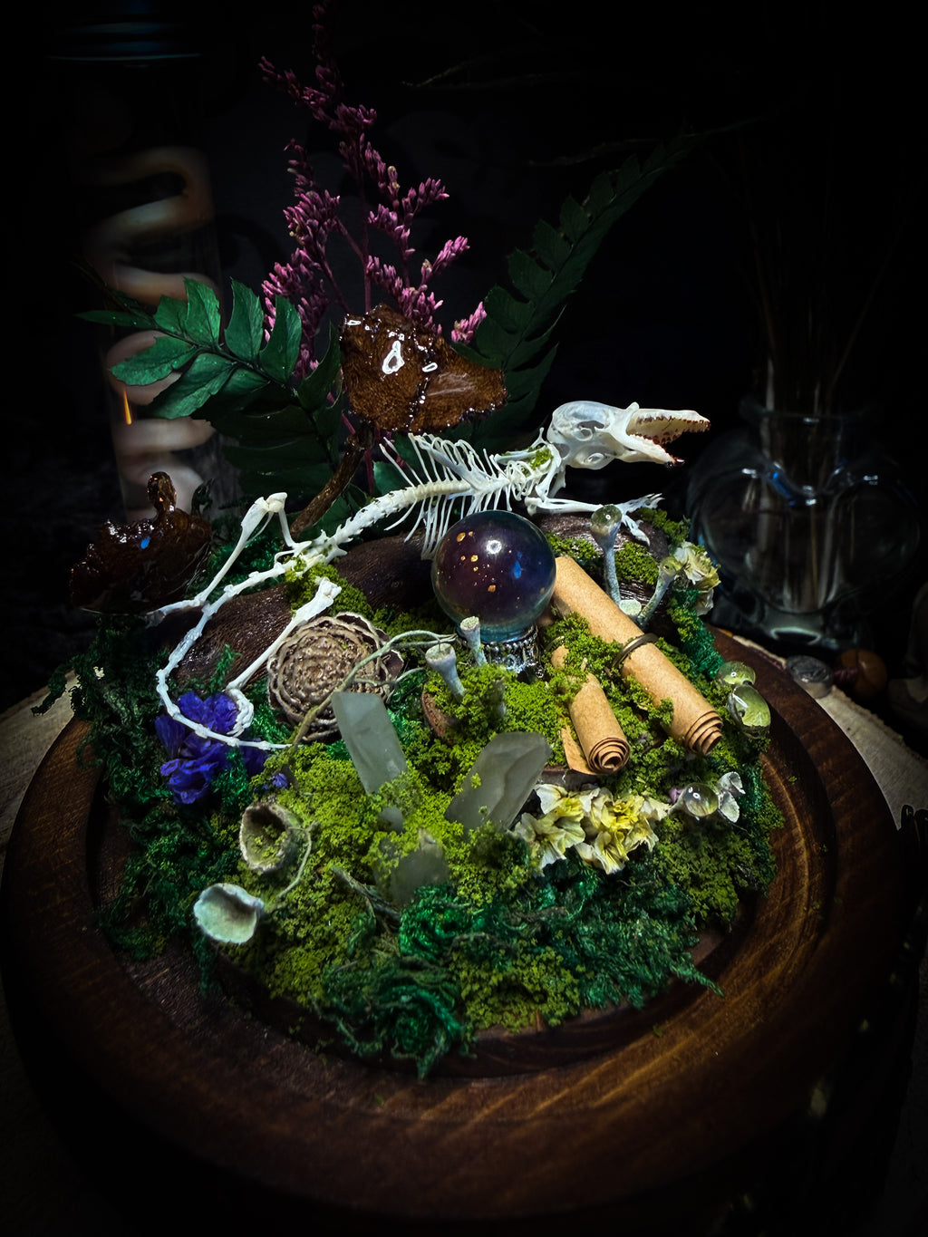 Ad Semitam Magicam | handmade woodland glass dome with real shrew skeleton with burgundy-stained teeth, magical scroll, crystal ball, moss, lichen, dried flowers, resin mushrooms and fern on hand-painted wooden base | Morbid Oddities

