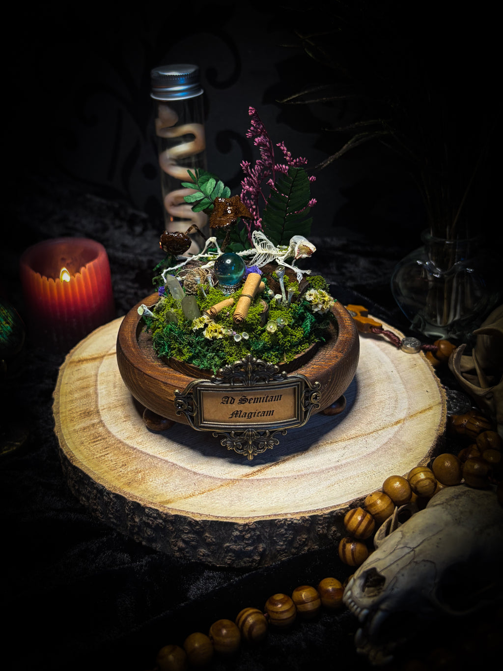 Ad Semitam Magicam | handmade woodland glass dome with real shrew skeleton with burgundy-stained teeth, magical scroll, crystal ball, moss, lichen, dried flowers, resin mushrooms and fern on hand-painted wooden base | Morbid Oddities
