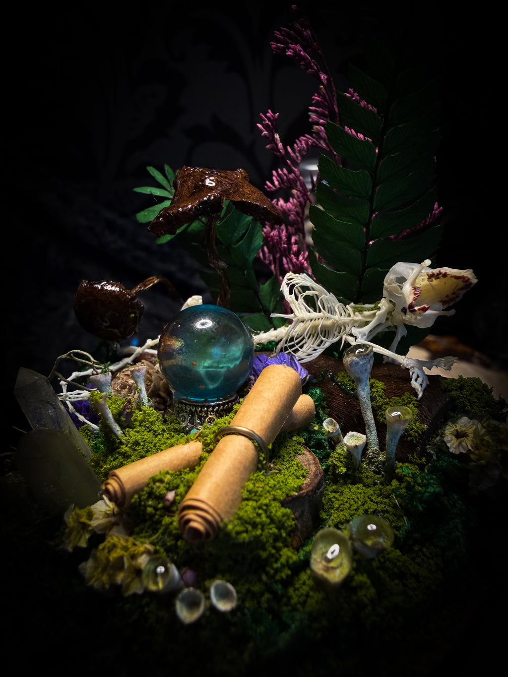Ad Semitam Magicam | handmade woodland glass dome with real shrew skeleton with burgundy-stained teeth, magical scroll, crystal ball, moss, lichen, dried flowers, resin mushrooms and fern on hand-painted wooden base | Morbid Oddities
