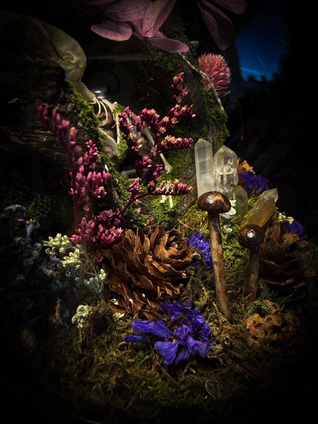 The Bumblebee's Garden | handmade whimsical glass dome with real bumblebee, mouse skeleton, moss, pine cones, mushrooms, pink violet and white dried flowers | Morbid Oddities