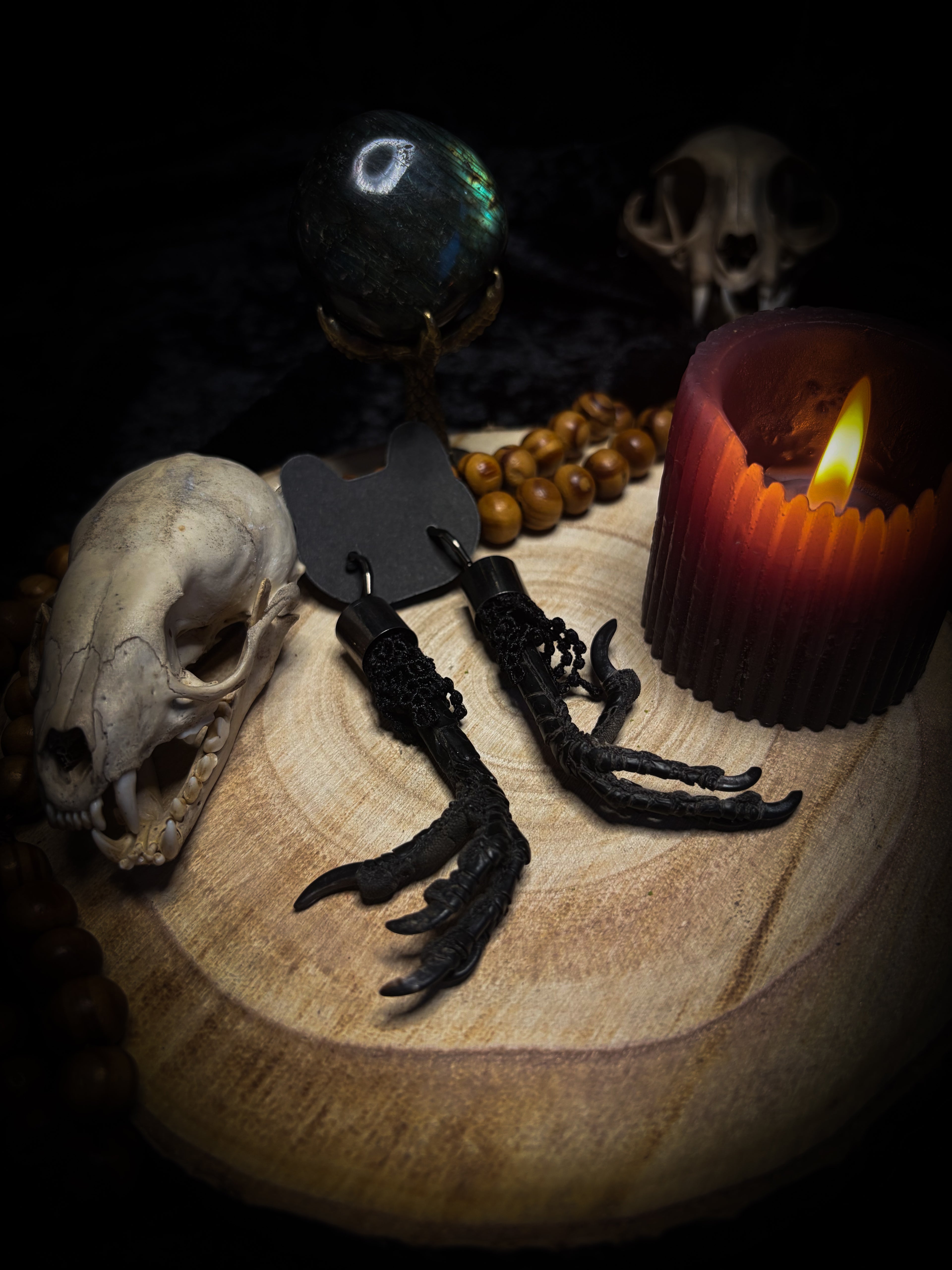 Crow's Claw Earrings | handmade taxidermy jewellery — real preserved crow feet with black lace and hook earrings | Morbid Oddities
