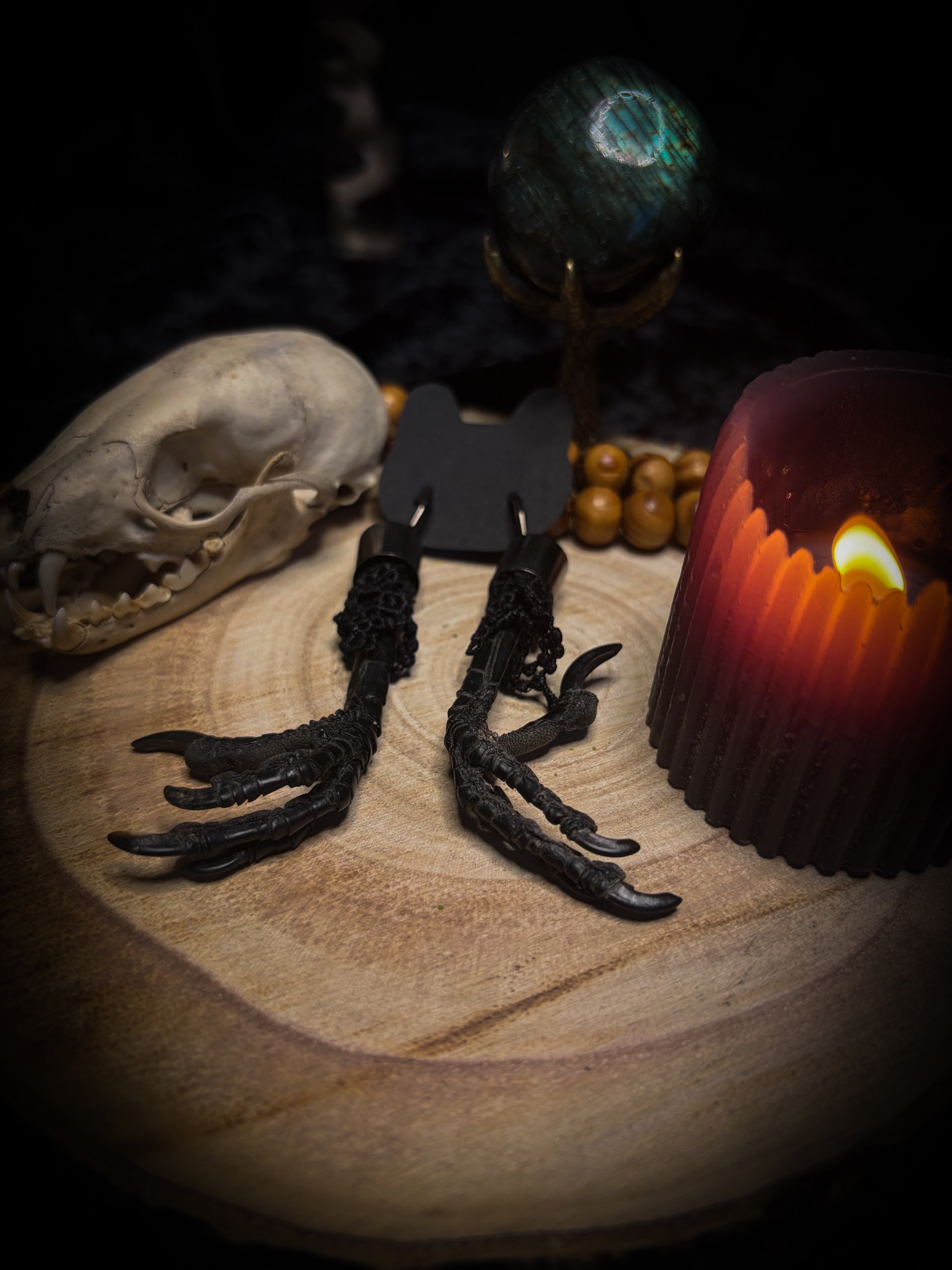 Crow's Claw Earrings | handmade taxidermy jewellery — real preserved crow feet with black lace and hook earrings | Morbid Oddities

