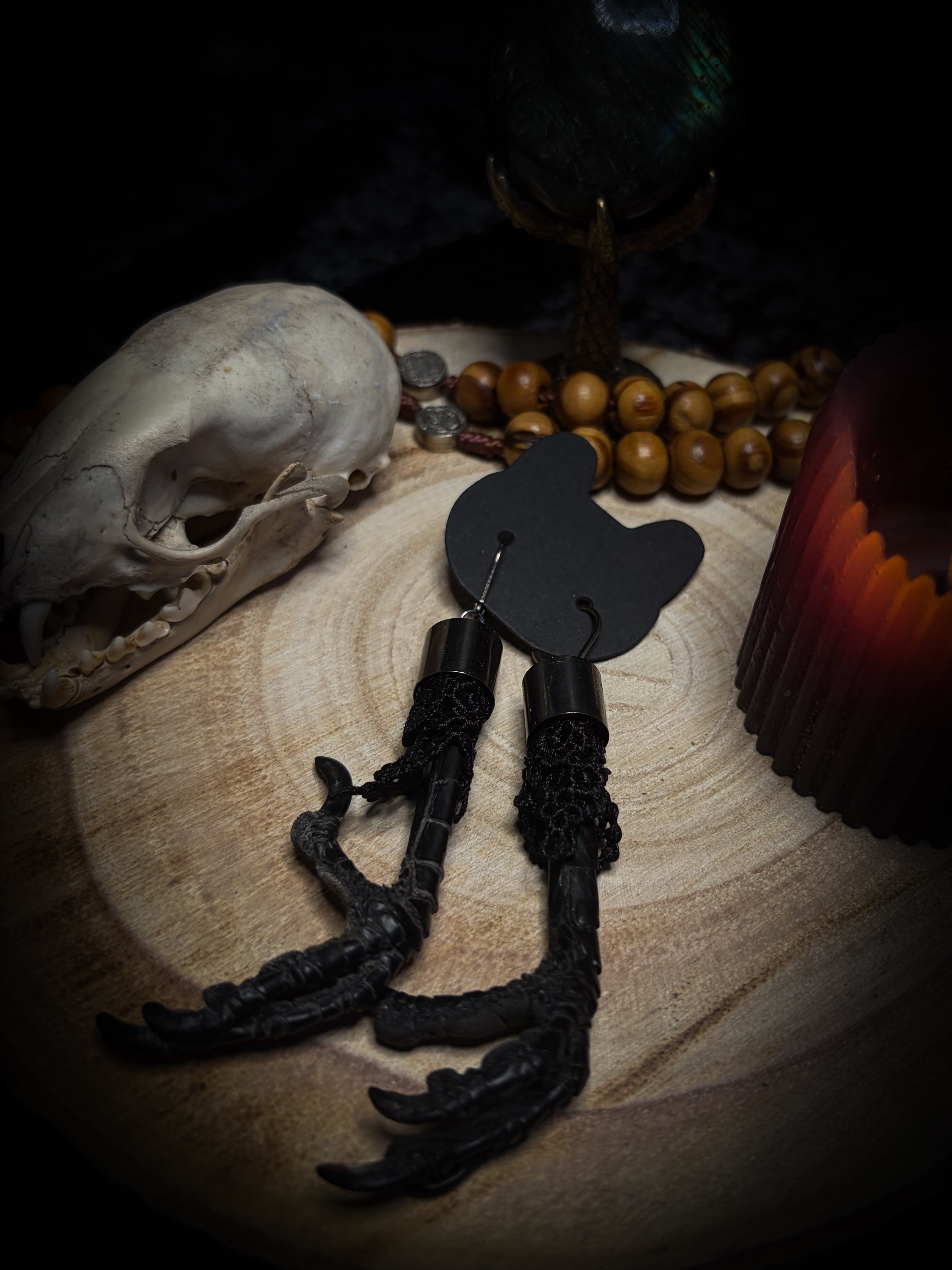 Crow's Claw Earrings | handmade taxidermy jewellery — real preserved crow feet with black lace and hook earrings | Morbid Oddities
