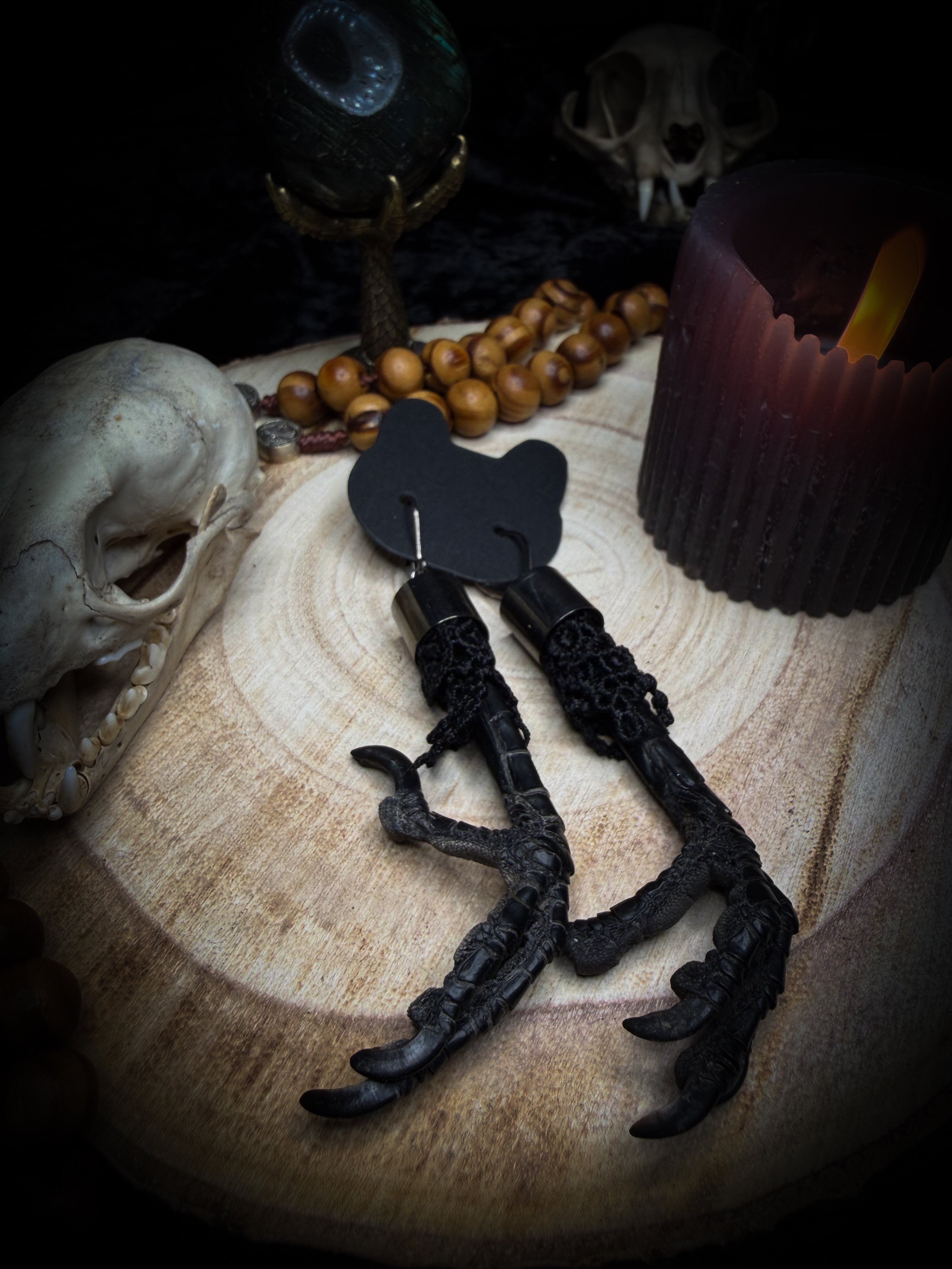 Crow's Claw Earrings | handmade taxidermy jewellery — real preserved crow feet with black lace and hook earrings | Morbid Oddities
