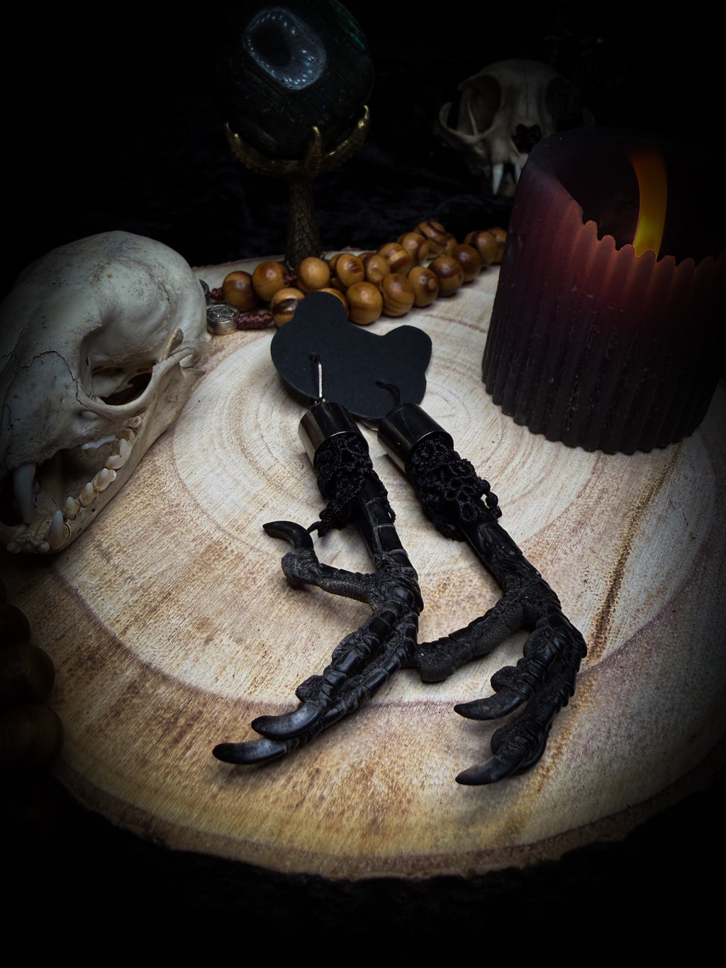 Crow's Claw Earrings | handmade taxidermy jewellery — real preserved crow feet with black lace and hook earrings | Morbid Oddities
