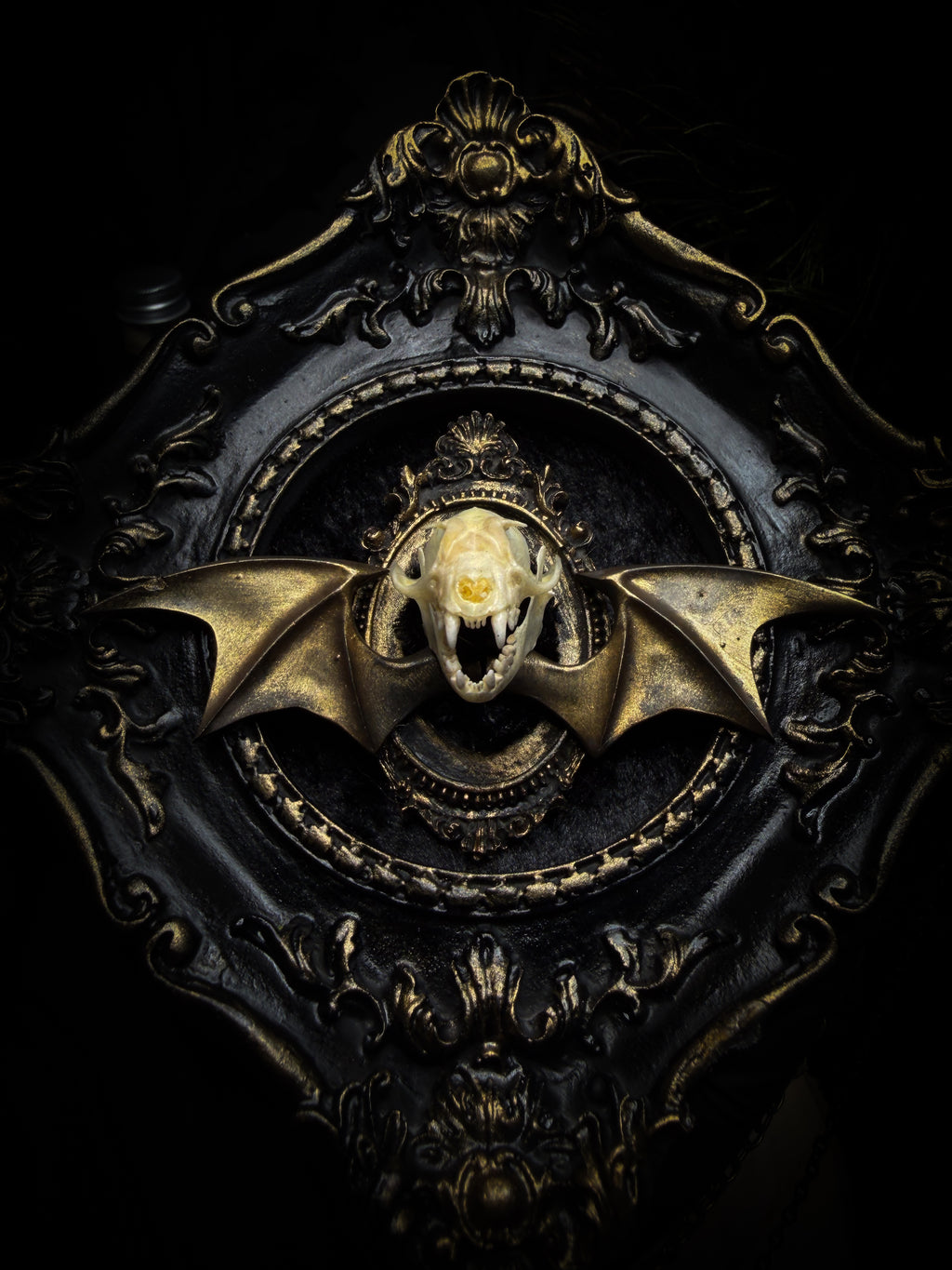 The Night Sovereign | handmade gothic relic with hand-cast painted bat skull, gold wings, gold chain and black velvet on ornate black frame | Morbid Oddities
