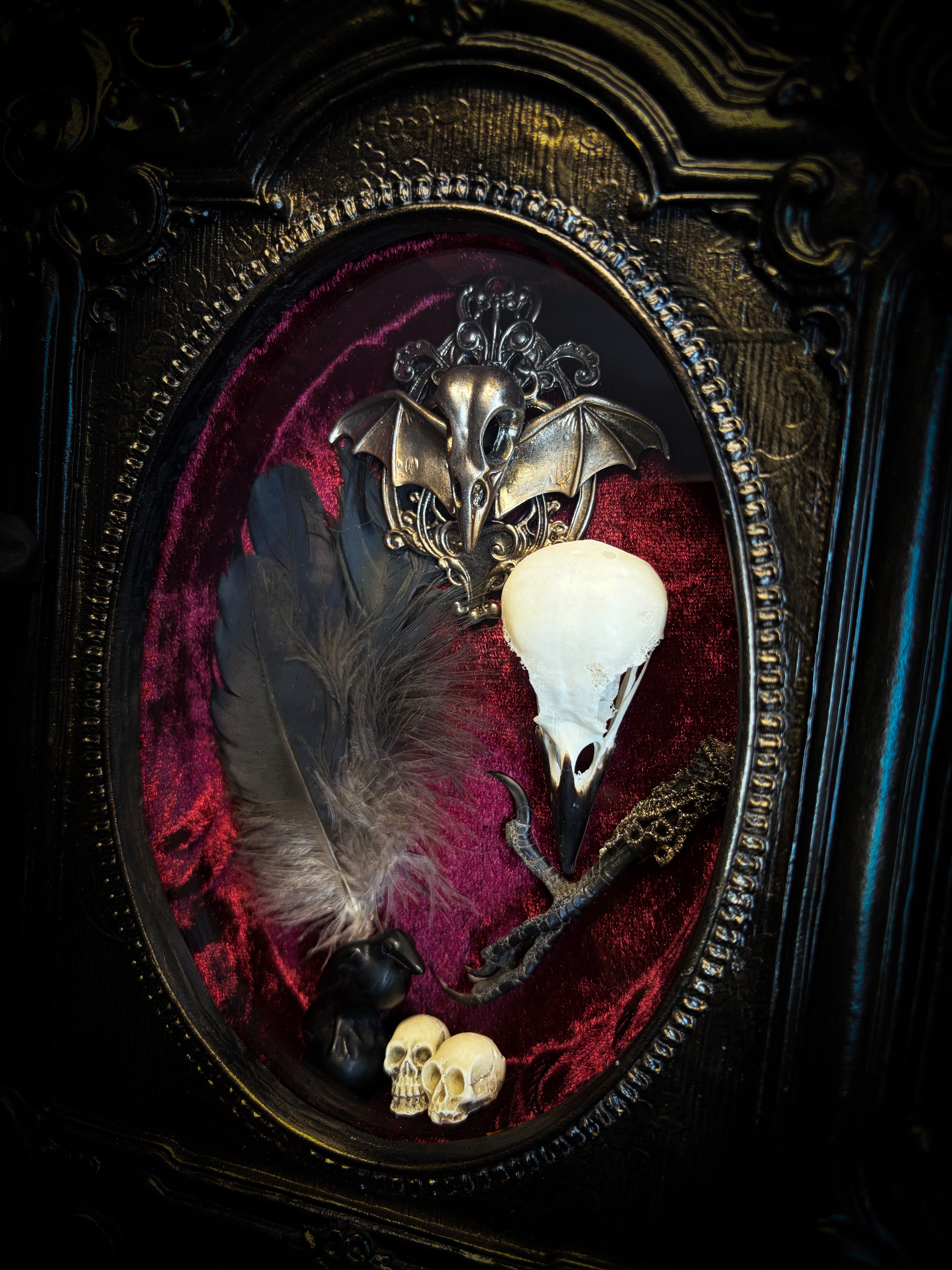 Corvus Rex | handmade gothic shadowbox with real crow skull, raven feathers, obsidian crow figurine, miniature skulls, crow foot, hand-cast painted baroque frame, hand-cut glass and burgundy velvet | Morbid Oddities
