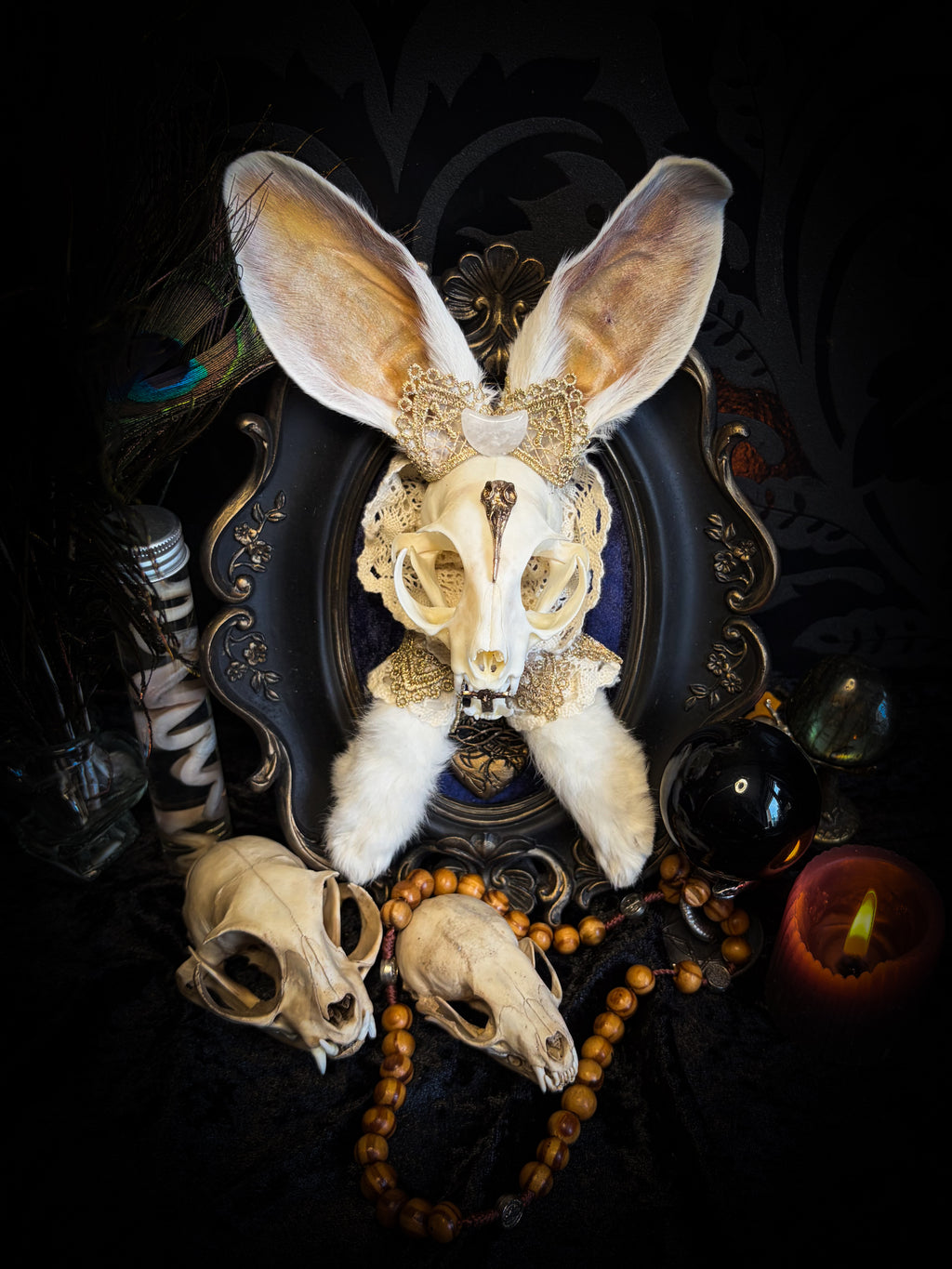 Christ Superstar | handmade Bunny Kitten puppet frame with real cat skull, albino rabbit ears and feet, golden Sacred Heart with thorns, white and gold lace, cross, white quartz moon, raven and deep navy gathered velvet in hand-cast painted baroque frame | Morbid Oddities
