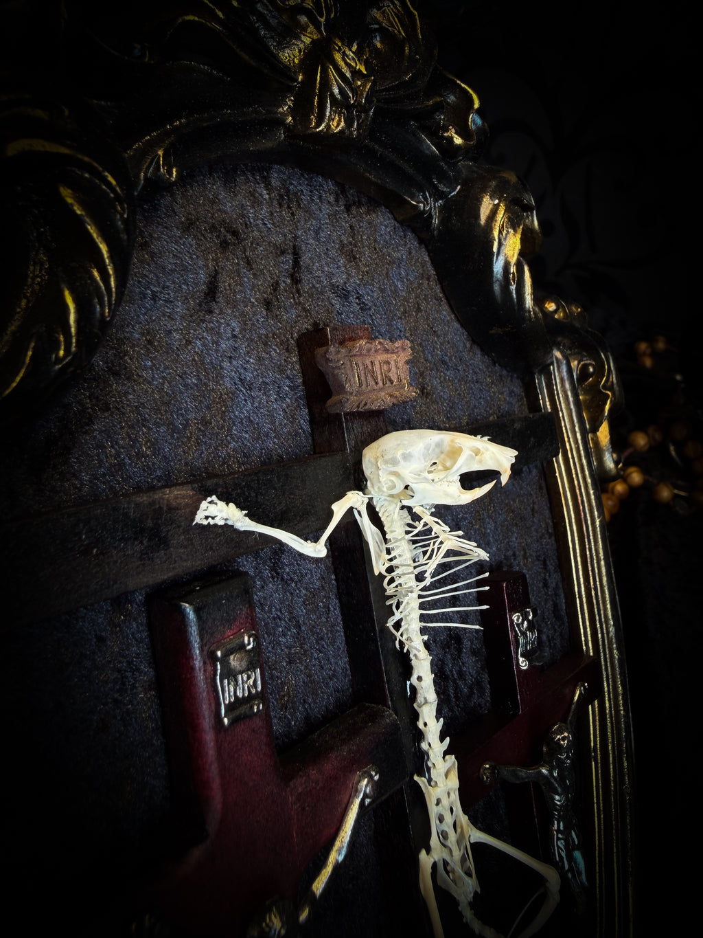 Golgotha | handmade occult relic with real mouse skeleton on three crosses with INRI inscription, cast and painted black and gold frame, black velvet backing | Morbid Oddities
