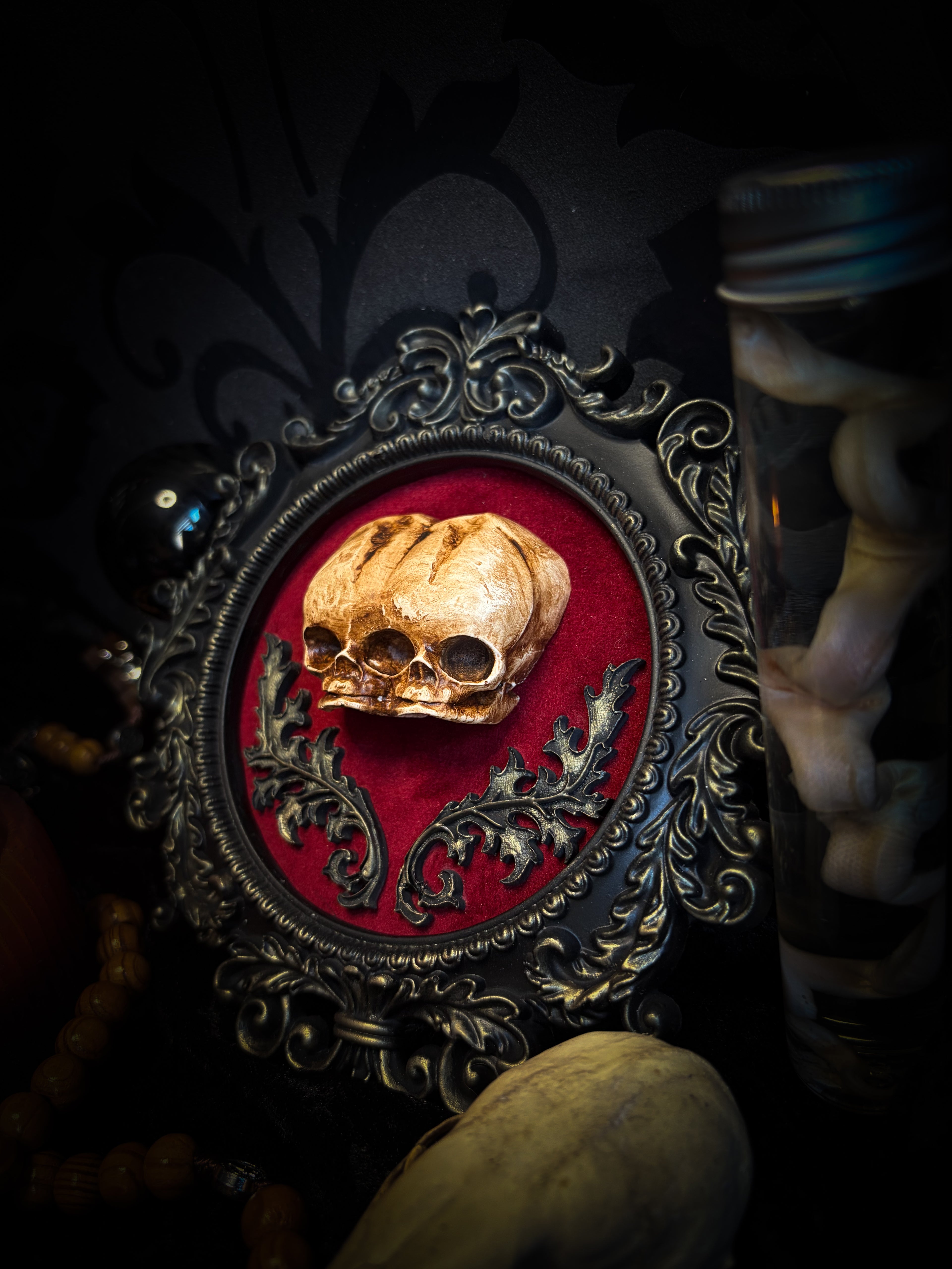 Handmade gothic shadowbox with conjoined skulls, ornate frame, black velvet lining — dark wall decor