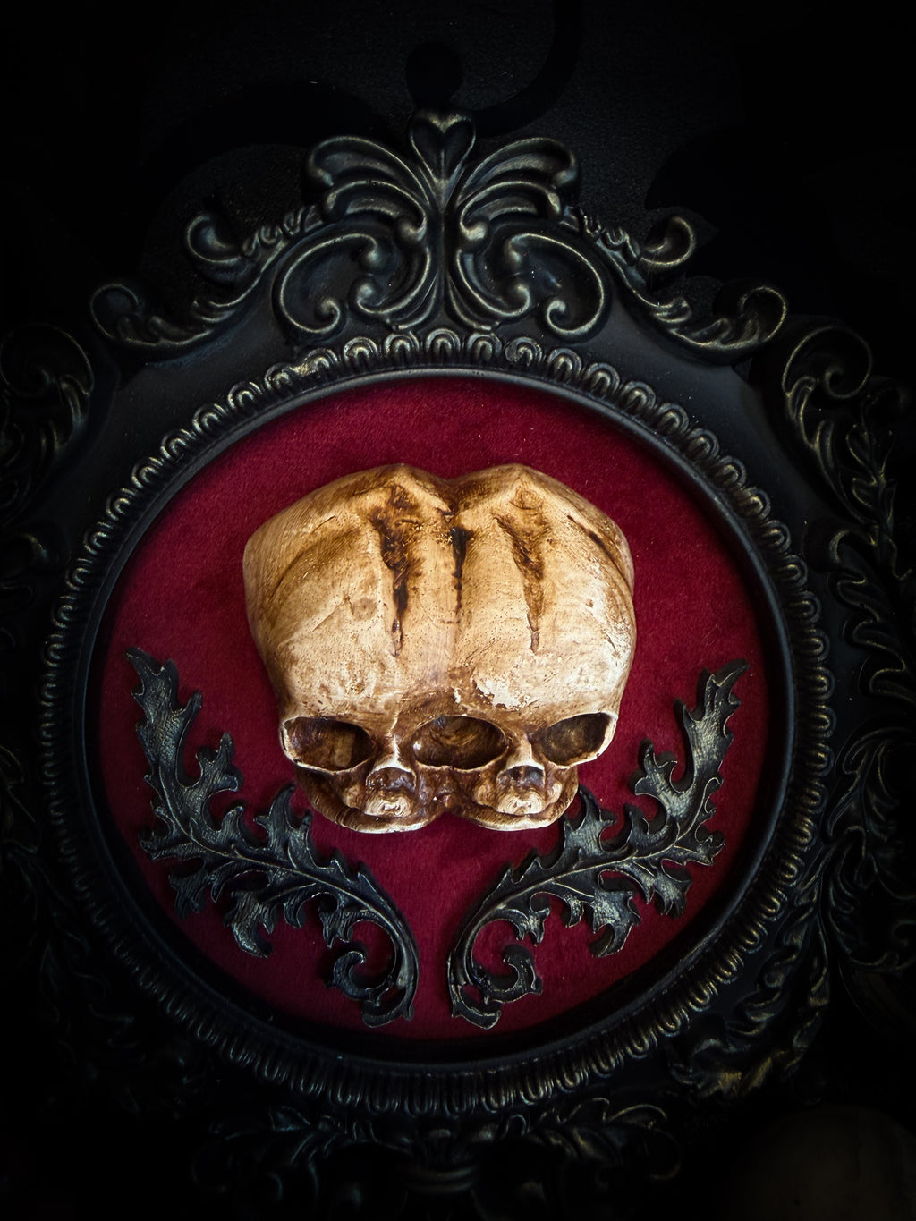 Handmade gothic shadowbox with conjoined skulls, ornate frame, black velvet lining — dark wall decor