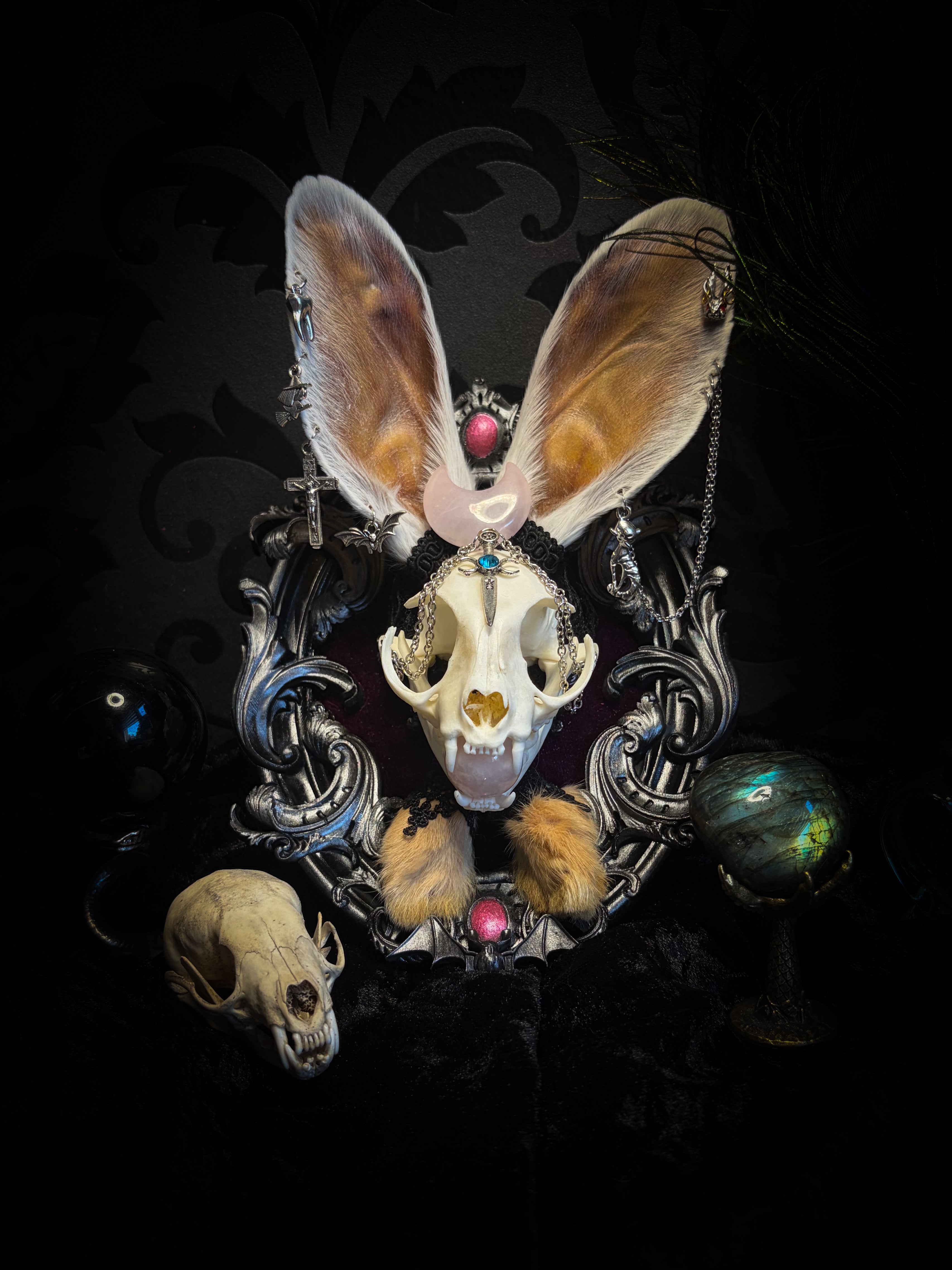 Pina Colada whimsical shadowbox — cat skull with rabbit fur ears, rose quartz orb, sword pendant and ornate silver frame