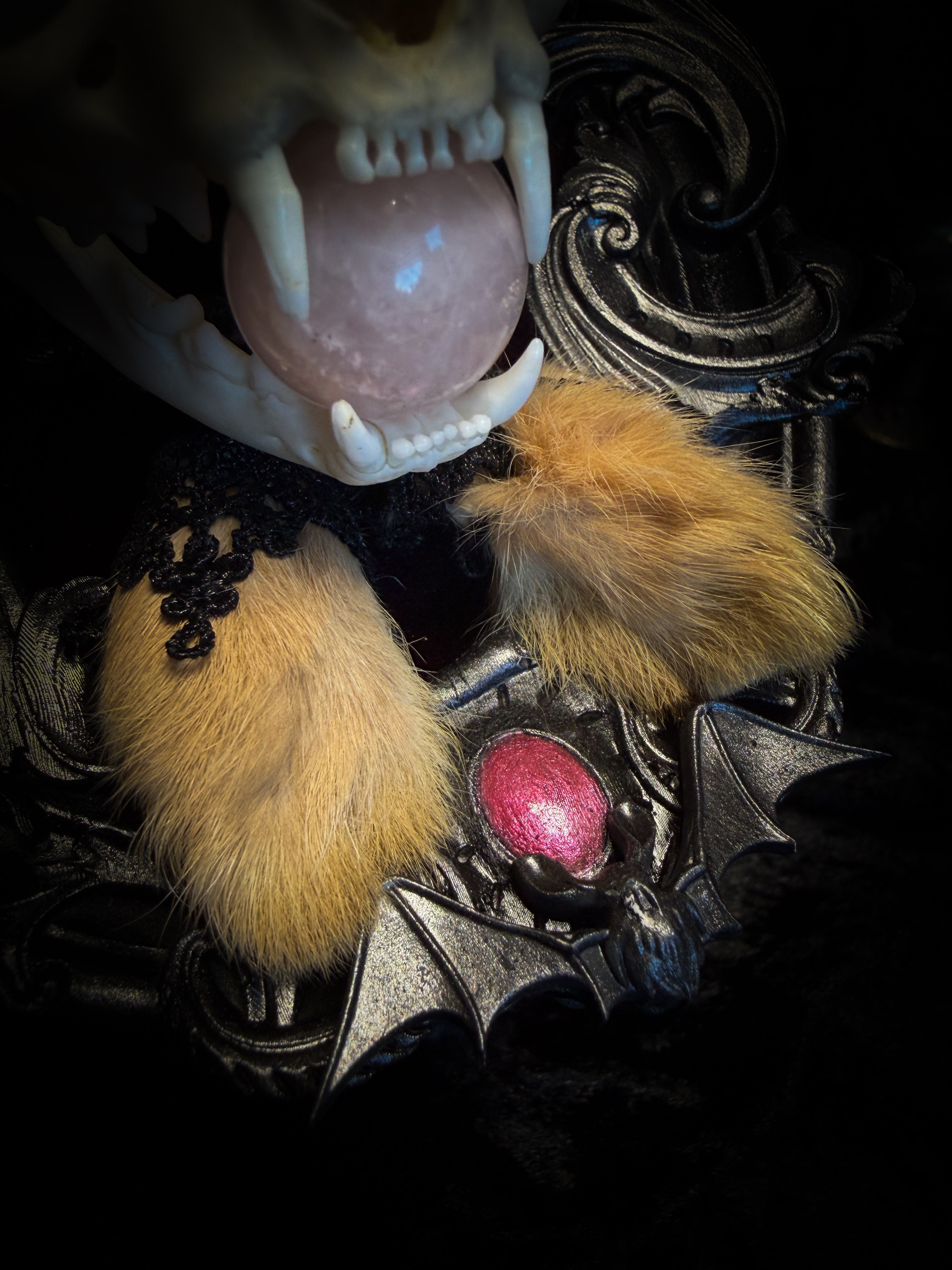 Pina Colada whimsical shadowbox — cat skull with rabbit fur ears, rose quartz orb, sword pendant and ornate silver frame