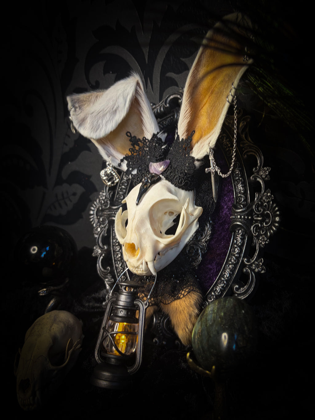 Limbo whimsical frame — cat skull with mismatched rabbit fur ears (one standing, one folded), amethyst moon, crow skull, working lantern and ornate black baroque frame