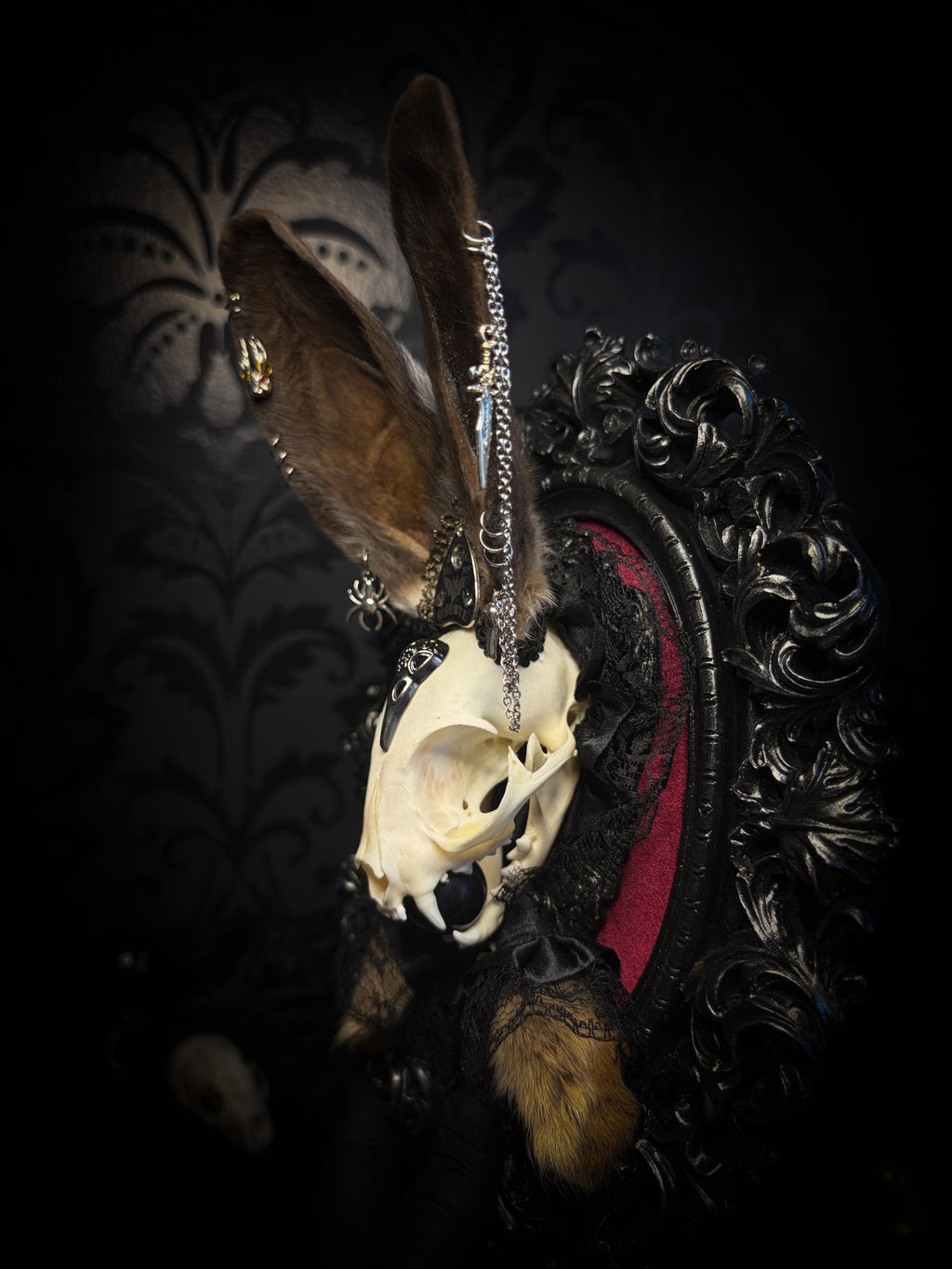 Vampiria whimsical shadowbox — cat skull with rabbit fur ears, red velvet, black lace, ouija planchette and ornate silver-black frame