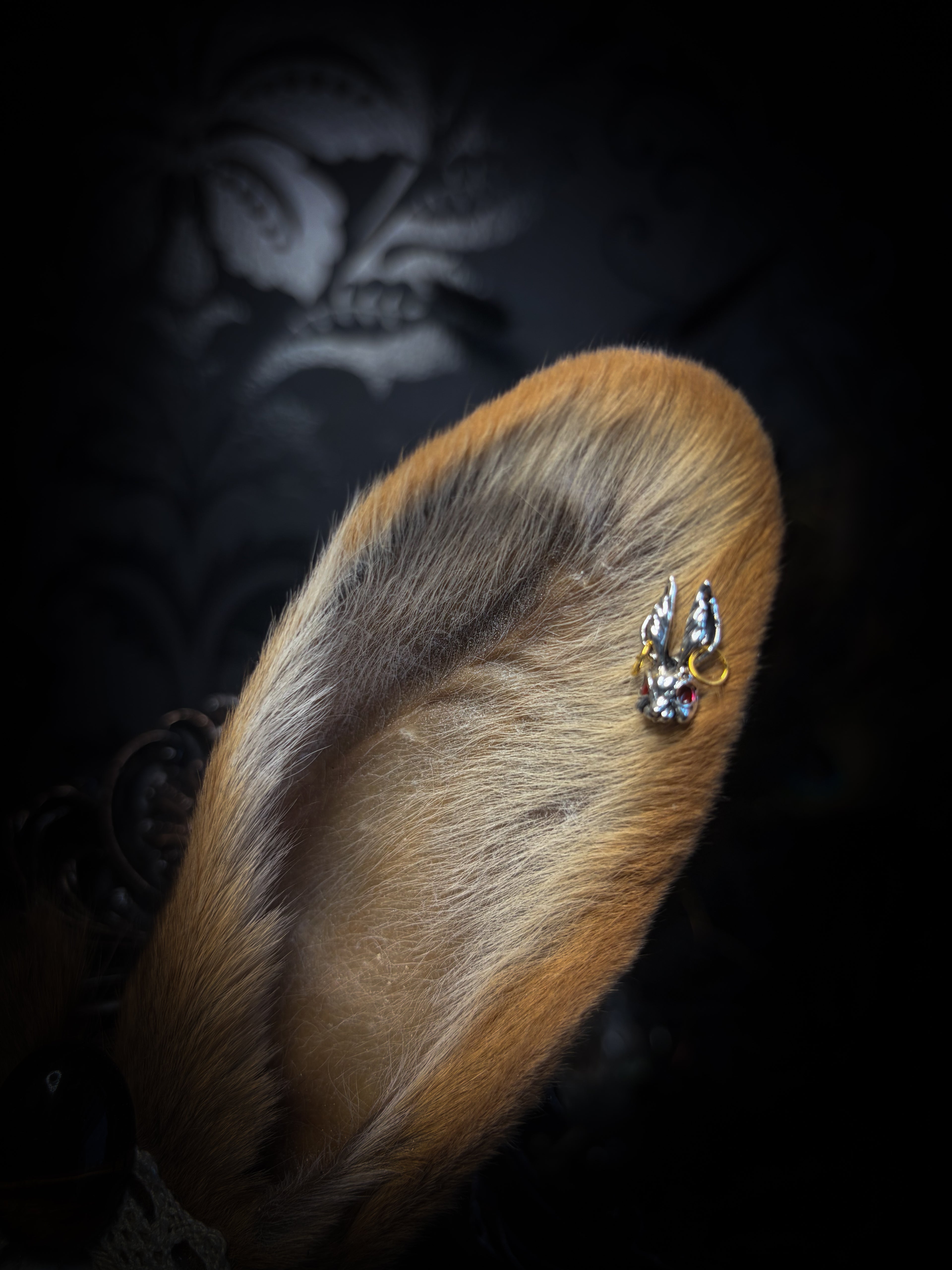 Foxy Bunny whimsical shadowbox — fox skull with rabbit fur ears, rabbit paws, lace collar, tiger's eye and ornate dark frame