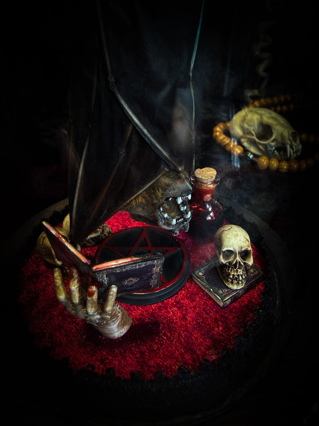 The Ritual — handmade gothic bat glass dome with preserved bat, red velvet, pentagram and occult elements | Morbid Oddities