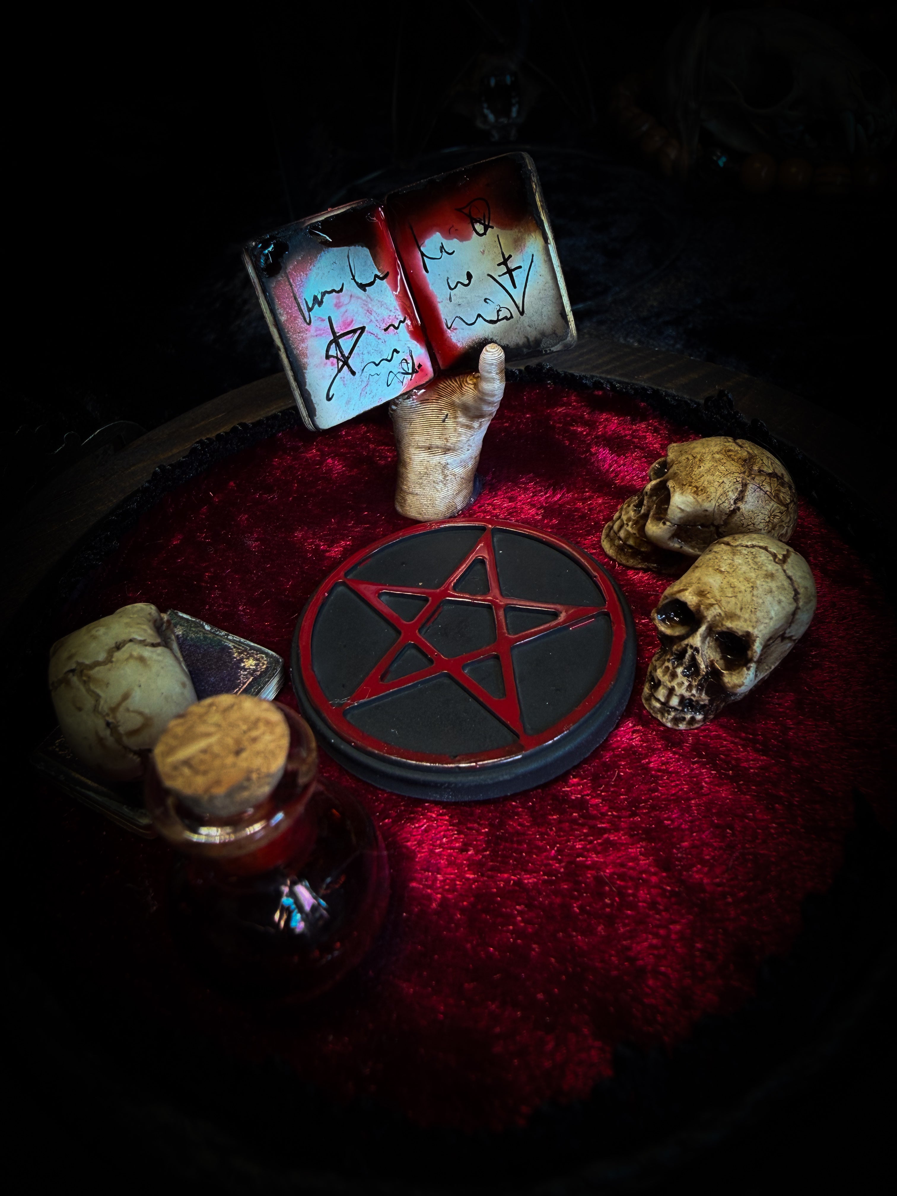 The Ritual — handmade gothic bat glass dome with preserved bat, red velvet, pentagram and occult elements | Morbid Oddities