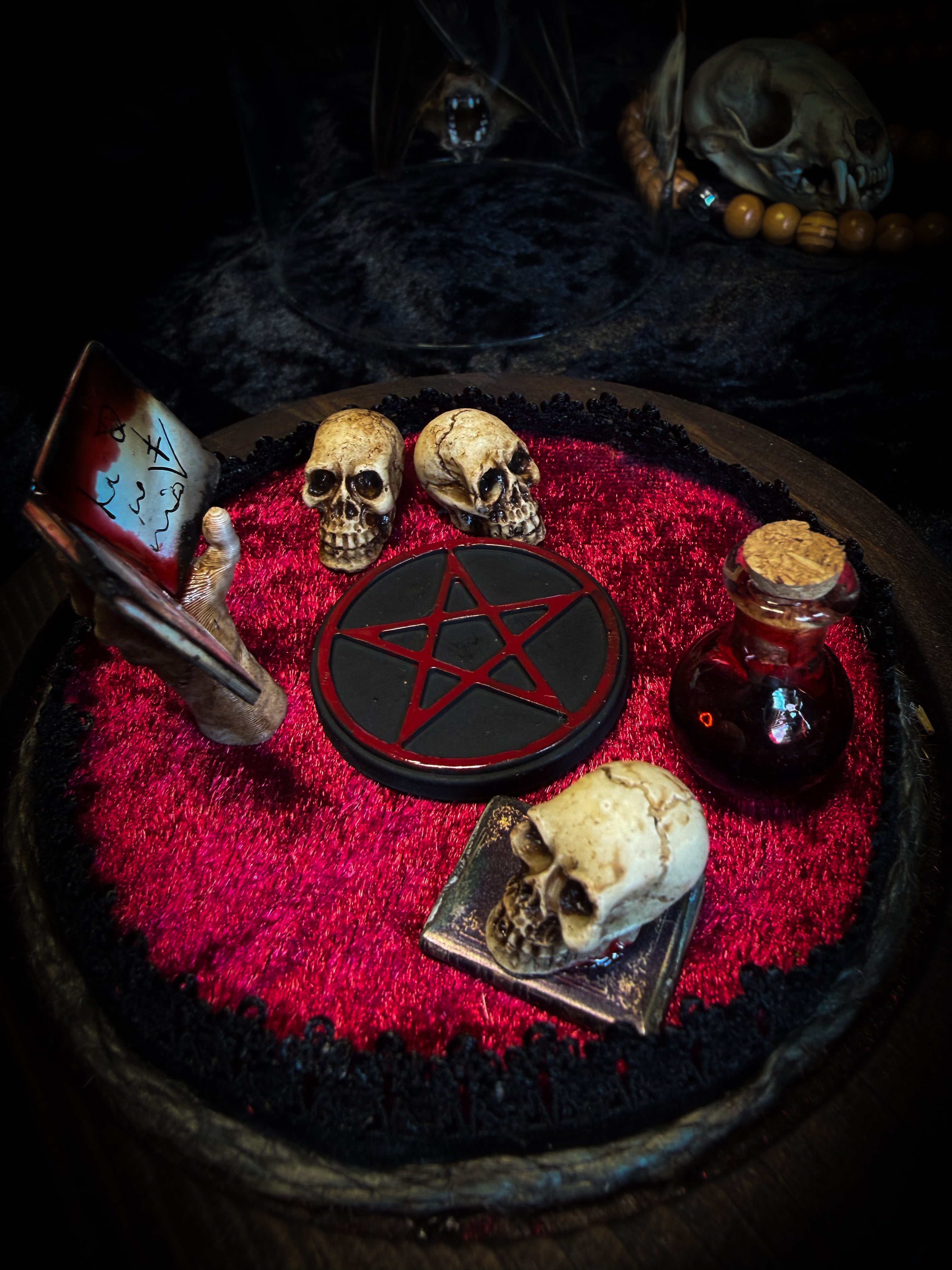 The Ritual — handmade gothic bat glass dome with preserved bat, red velvet, pentagram and occult elements | Morbid Oddities
