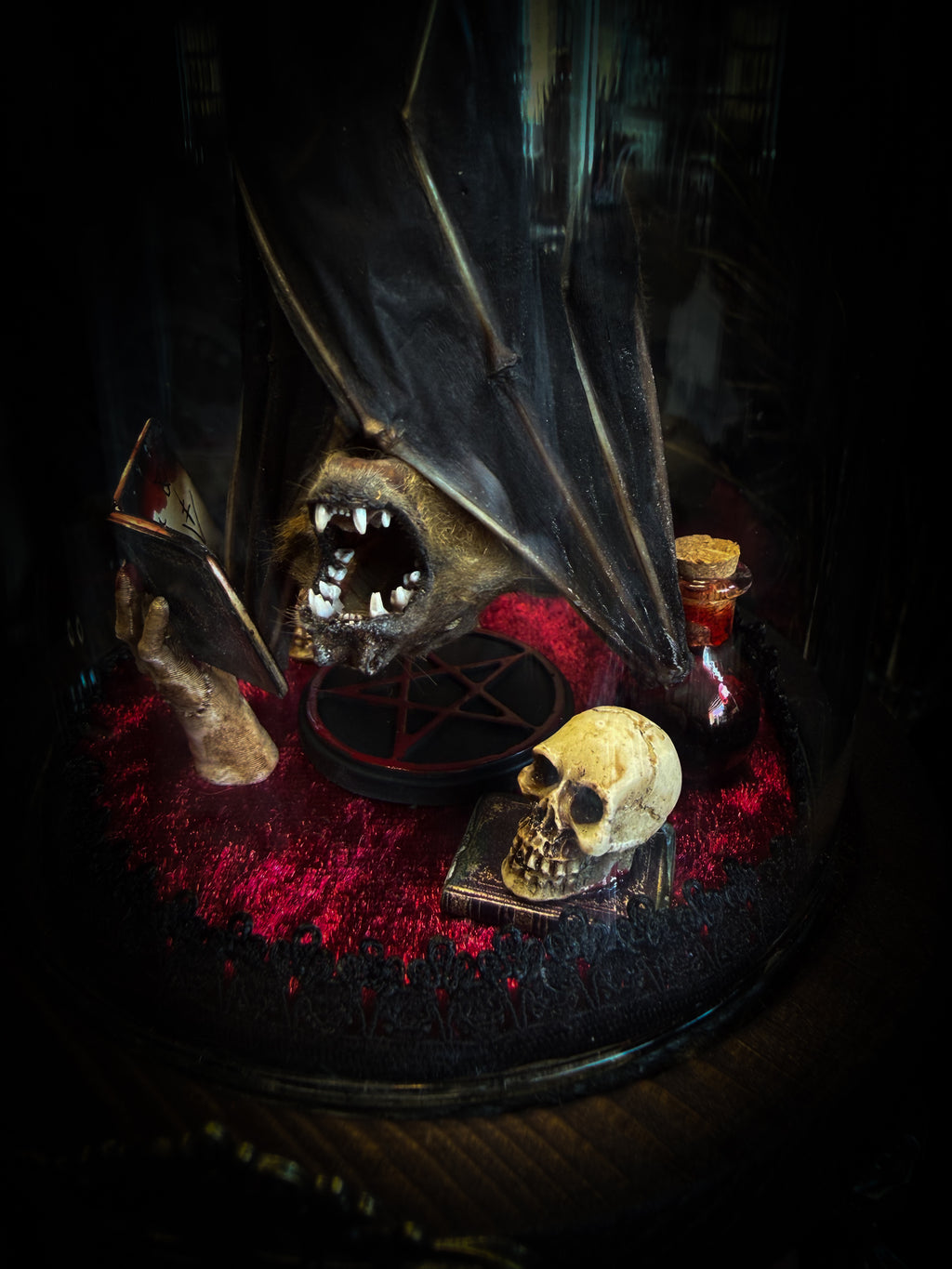 The Ritual — handmade gothic bat glass dome with preserved bat, red velvet, pentagram and occult elements | Morbid Oddities