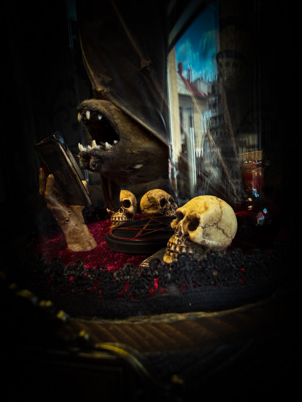The Ritual — handmade gothic bat glass dome with preserved bat, red velvet, pentagram and occult elements | Morbid Oddities