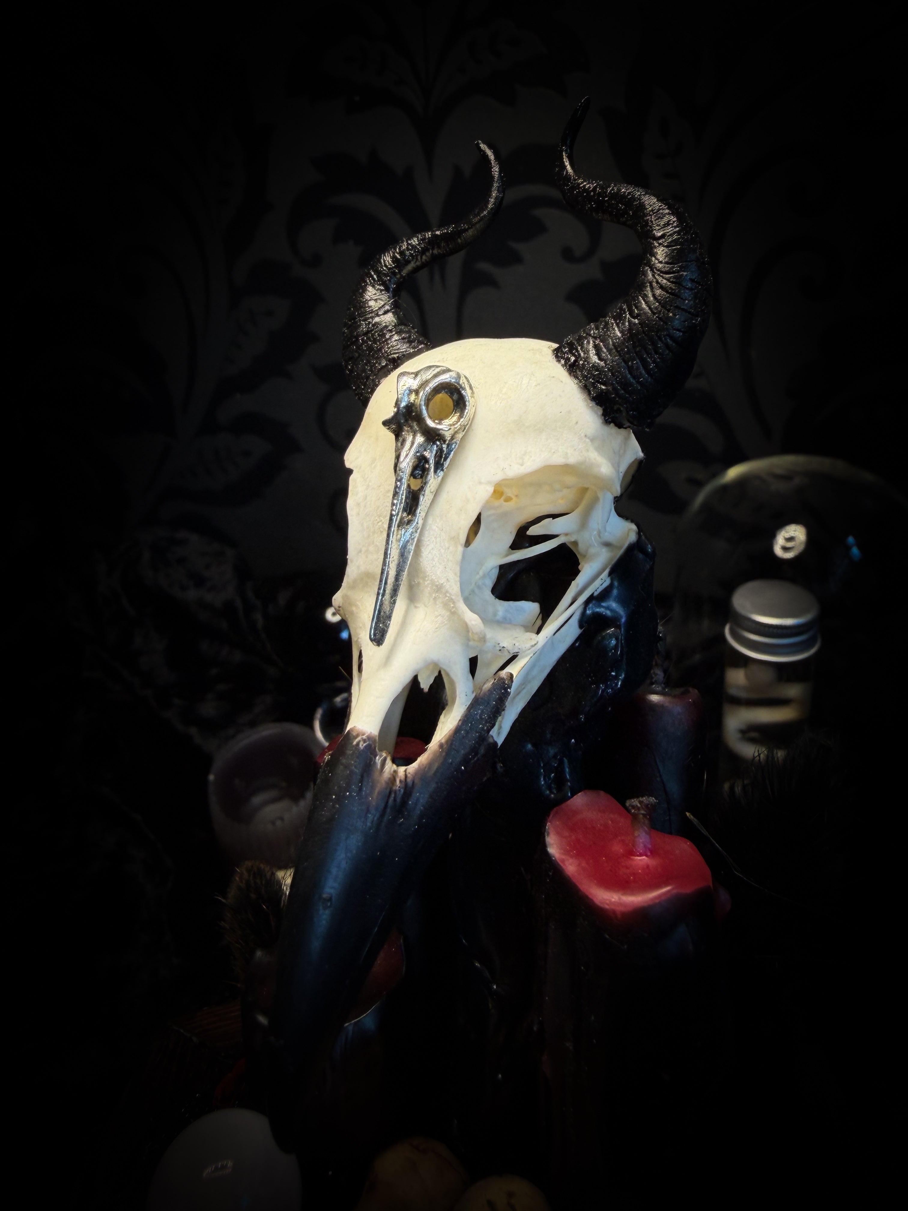 Nox Solitudinis — handmade gothic display with crow skull, hand-carved horns, crystal orb, vampire candles, wax rose and black iridescent sand. Morbid Oddities.