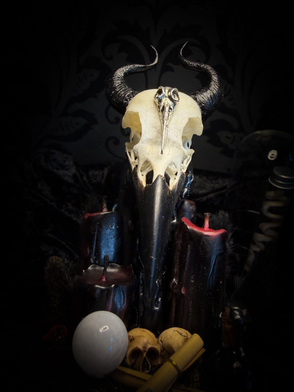 Nox Solitudinis — handmade gothic display with crow skull, hand-carved horns, crystal orb, vampire candles, wax rose and black iridescent sand. Morbid Oddities.