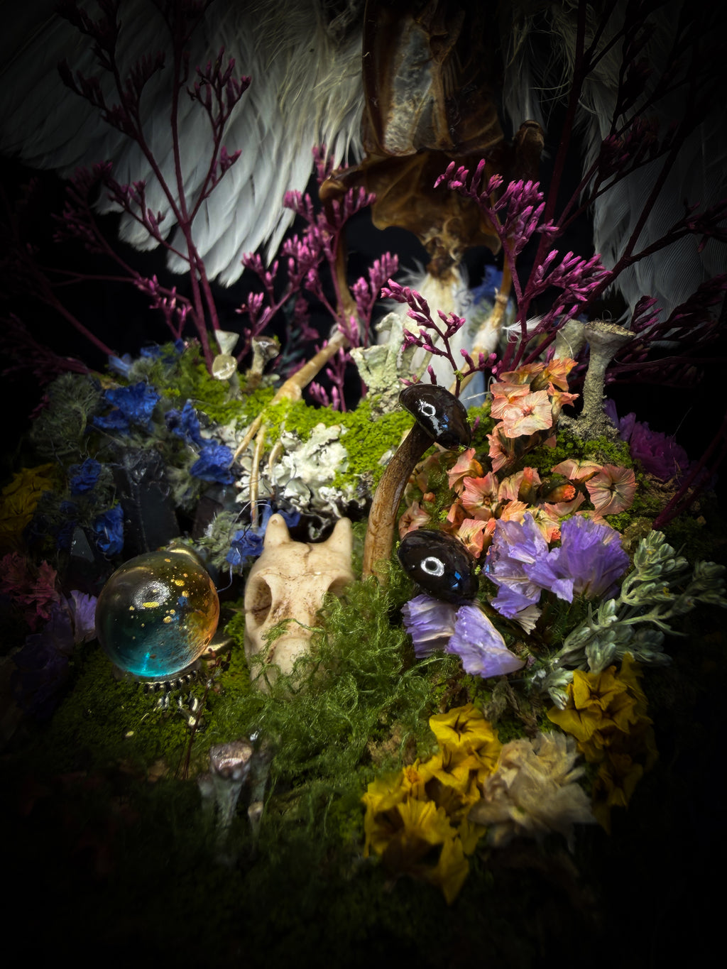 Inter Prata Fabulosa — handmade whimsical glass dome with mummified canary, crystal orb, dragon skull, wizard's hat, rolled scrolls and botanical arrangement. Morbid Oddities.