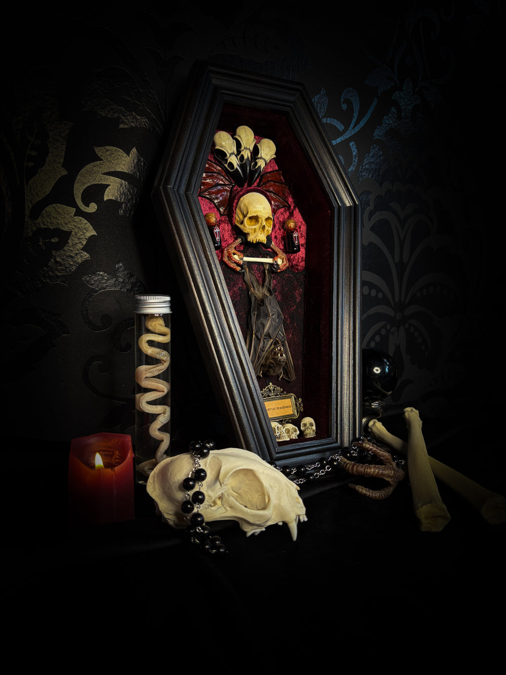 Bat Wooden Coffins — handmade gothic coffin shadowbox, made to order. Handbuilt wooden coffin frame with bat specimen, velvet background, ornate decorations and ritual details. Dark gothic wall and altar decor, made from scratch.