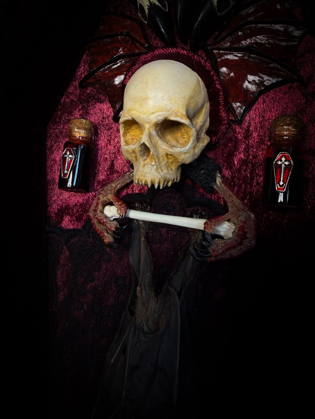 Bat Wooden Coffins — handmade gothic coffin shadowbox, made to order. Handbuilt wooden coffin frame with bat specimen, velvet background, ornate decorations and ritual details. Dark gothic wall and altar decor, made from scratch.