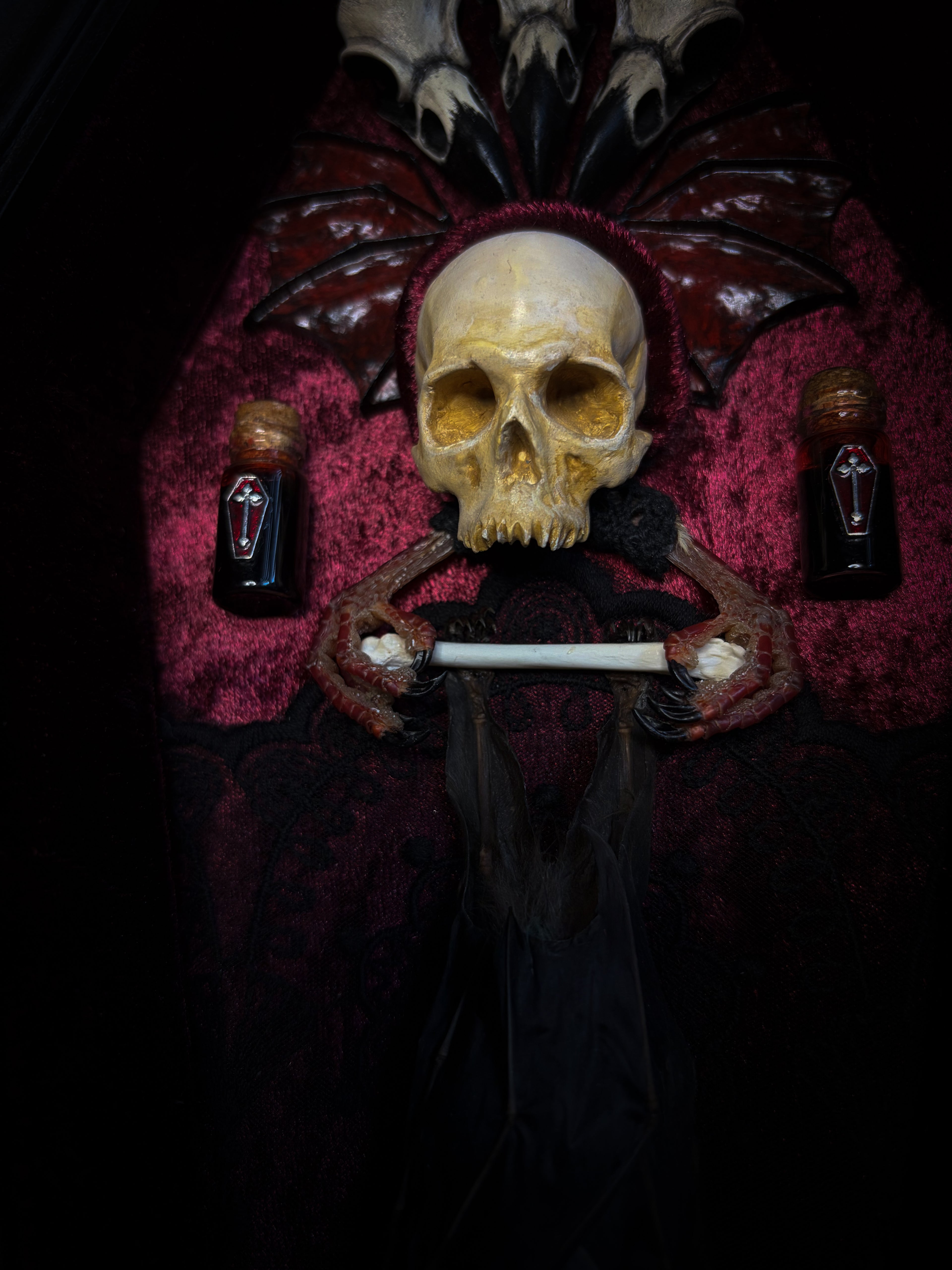 Bat Wooden Coffins — handmade gothic coffin shadowbox, made to order. Handbuilt wooden coffin frame with bat specimen, velvet background, ornate decorations and ritual details. Dark gothic wall and altar decor, made from scratch.