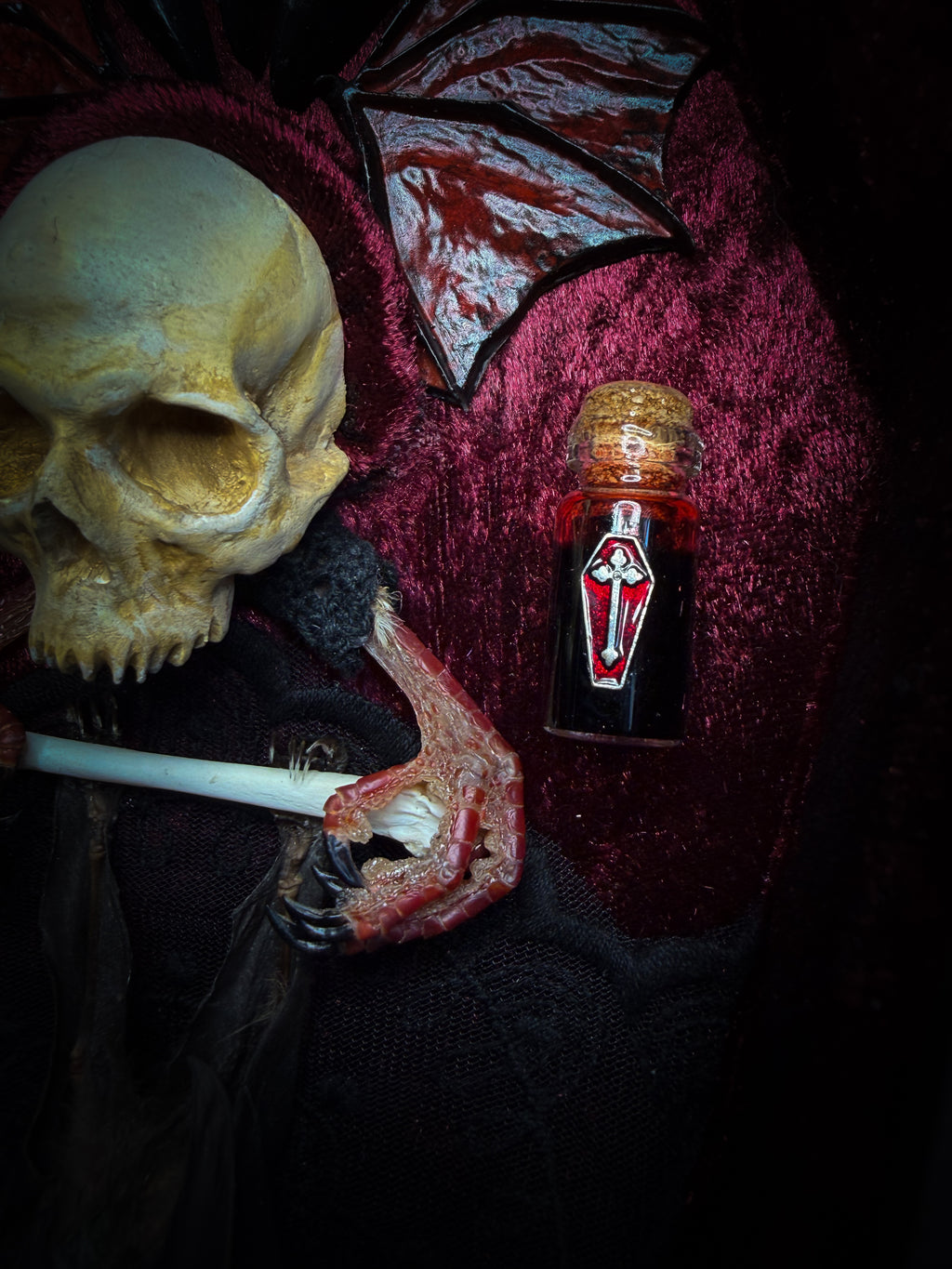 Bat Wooden Coffins — handmade gothic coffin shadowbox, made to order. Handbuilt wooden coffin frame with bat specimen, velvet background, ornate decorations and ritual details. Dark gothic wall and altar decor, made from scratch.