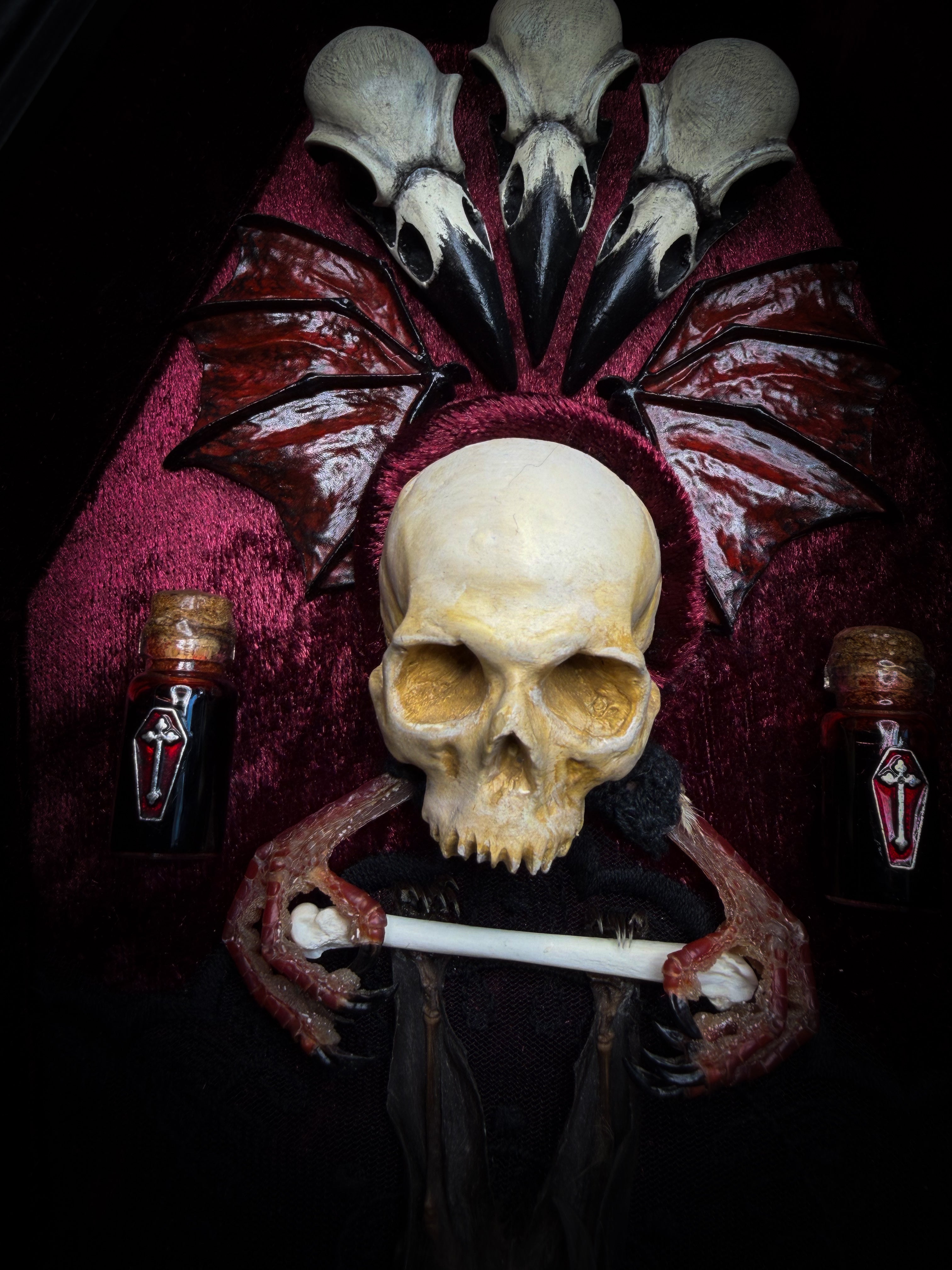 Bat Wooden Coffins — handmade gothic coffin shadowbox, made to order. Handbuilt wooden coffin frame with bat specimen, velvet background, ornate decorations and ritual details. Dark gothic wall and altar decor, made from scratch.