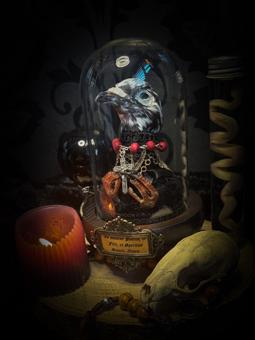Handmade gothic glass dome with mummified pigeon head and feet, gold lace, rose rosary and ornate base — Ave Maria by Morbid Oddities