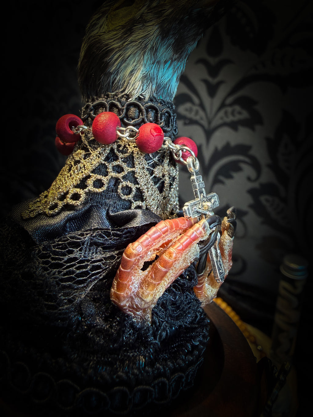 Handmade gothic glass dome with mummified pigeon head and feet, gold lace, rose rosary and ornate base — Ave Maria by Morbid Oddities