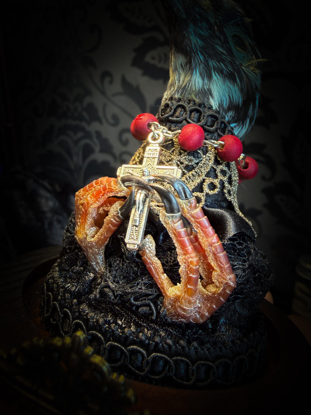 Handmade gothic glass dome with mummified pigeon head and feet, gold lace, rose rosary and ornate base — Ave Maria by Morbid Oddities