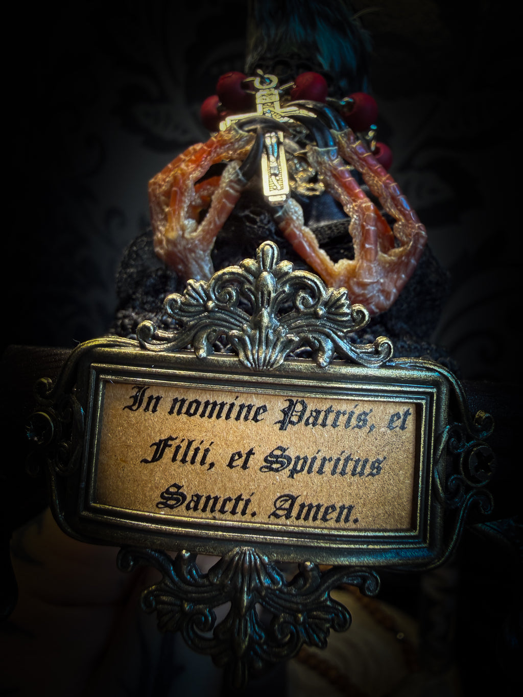 Handmade gothic glass dome with mummified pigeon head and feet, gold lace, rose rosary and ornate base — Ave Maria by Morbid Oddities