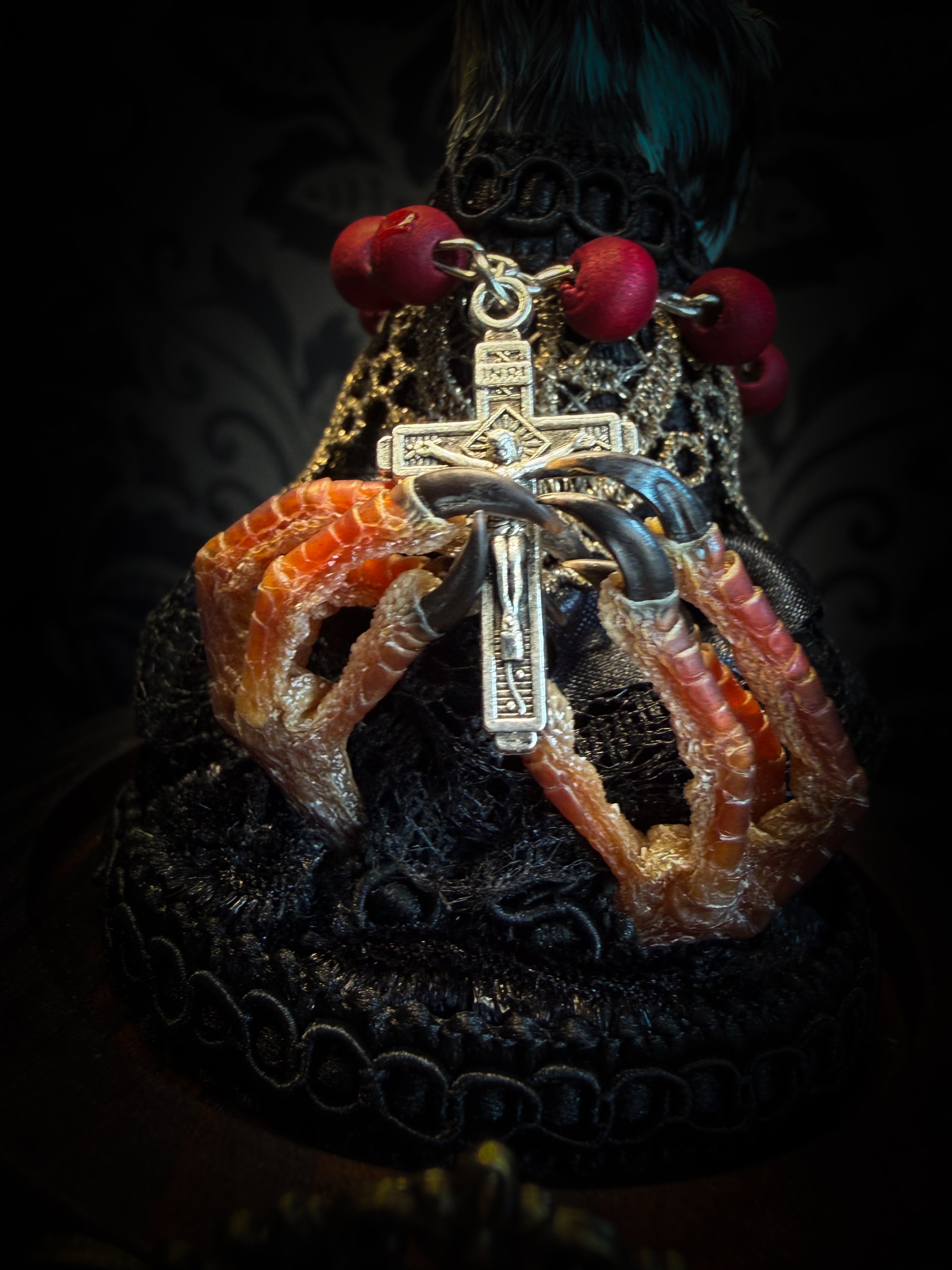 Handmade gothic glass dome with mummified pigeon head and feet, gold lace, rose rosary and ornate base — Ave Maria by Morbid Oddities