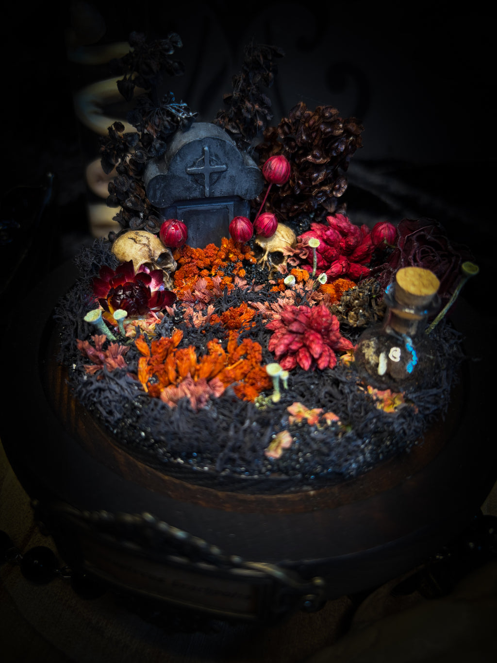 Autumnal Cemetery | Bats — handmade bat skeleton glass dome with autumnal botanicals, gothic decor by Morbid Oddities
