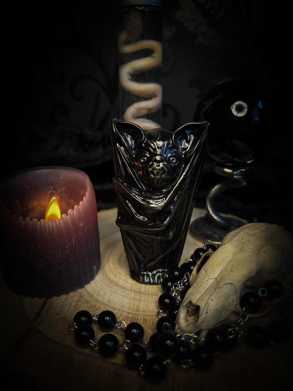Nocturna Custodia — handmade gothic bat sculpture, dark metallic finish, nocturnal altar decor, made to order, Morbid Oddities