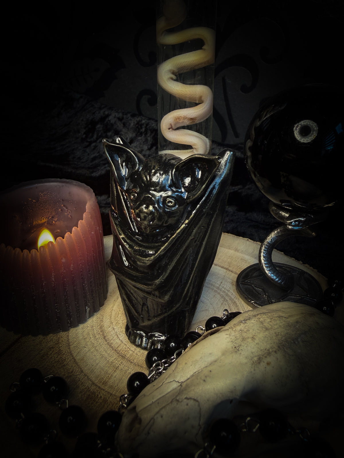 Nocturna Custodia — handmade gothic bat sculpture, dark metallic finish, nocturnal altar decor, made to order, Morbid Oddities
