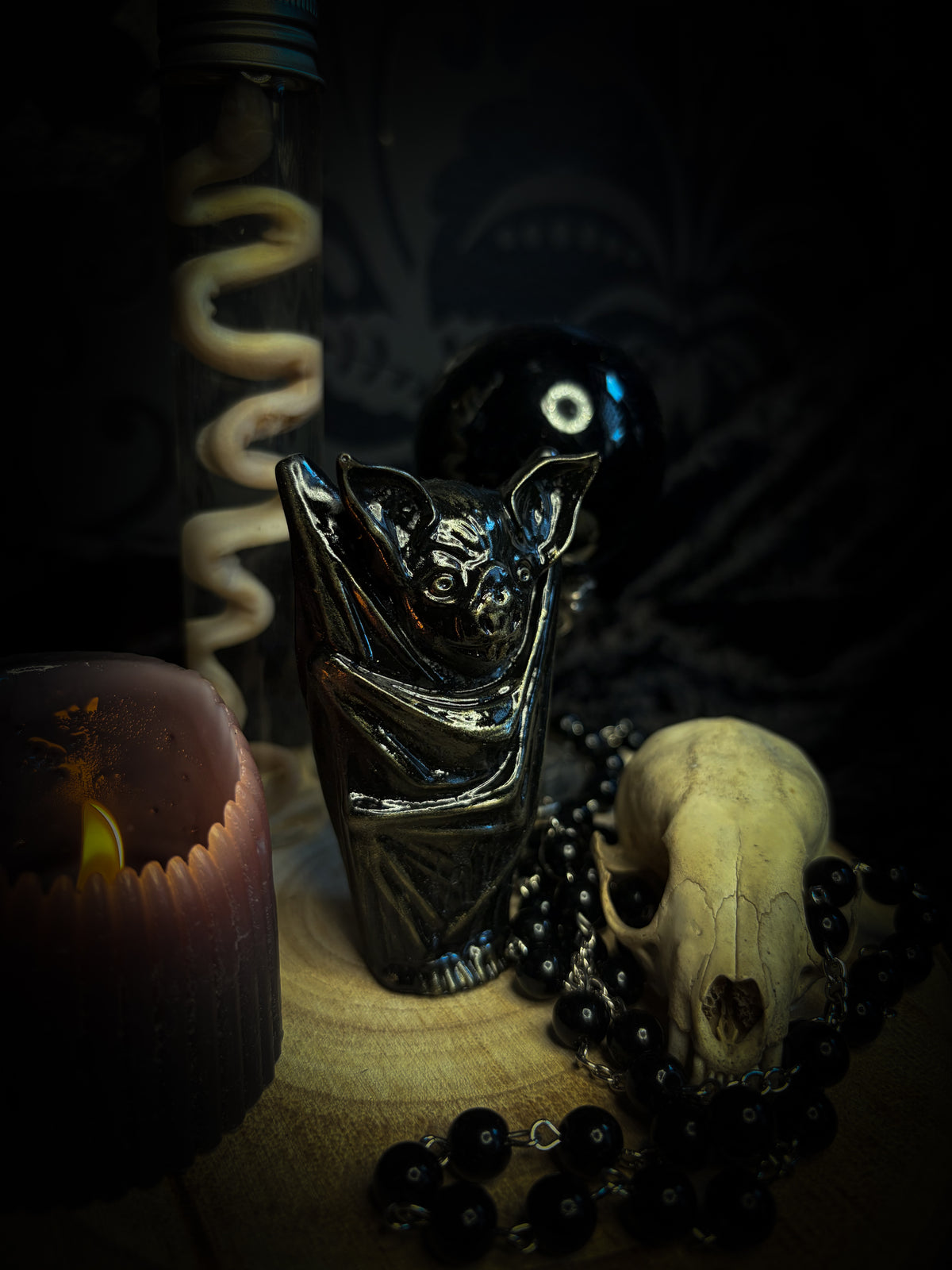 Nocturna Custodia — handmade gothic bat sculpture, dark metallic finish, nocturnal altar decor, made to order, Morbid Oddities