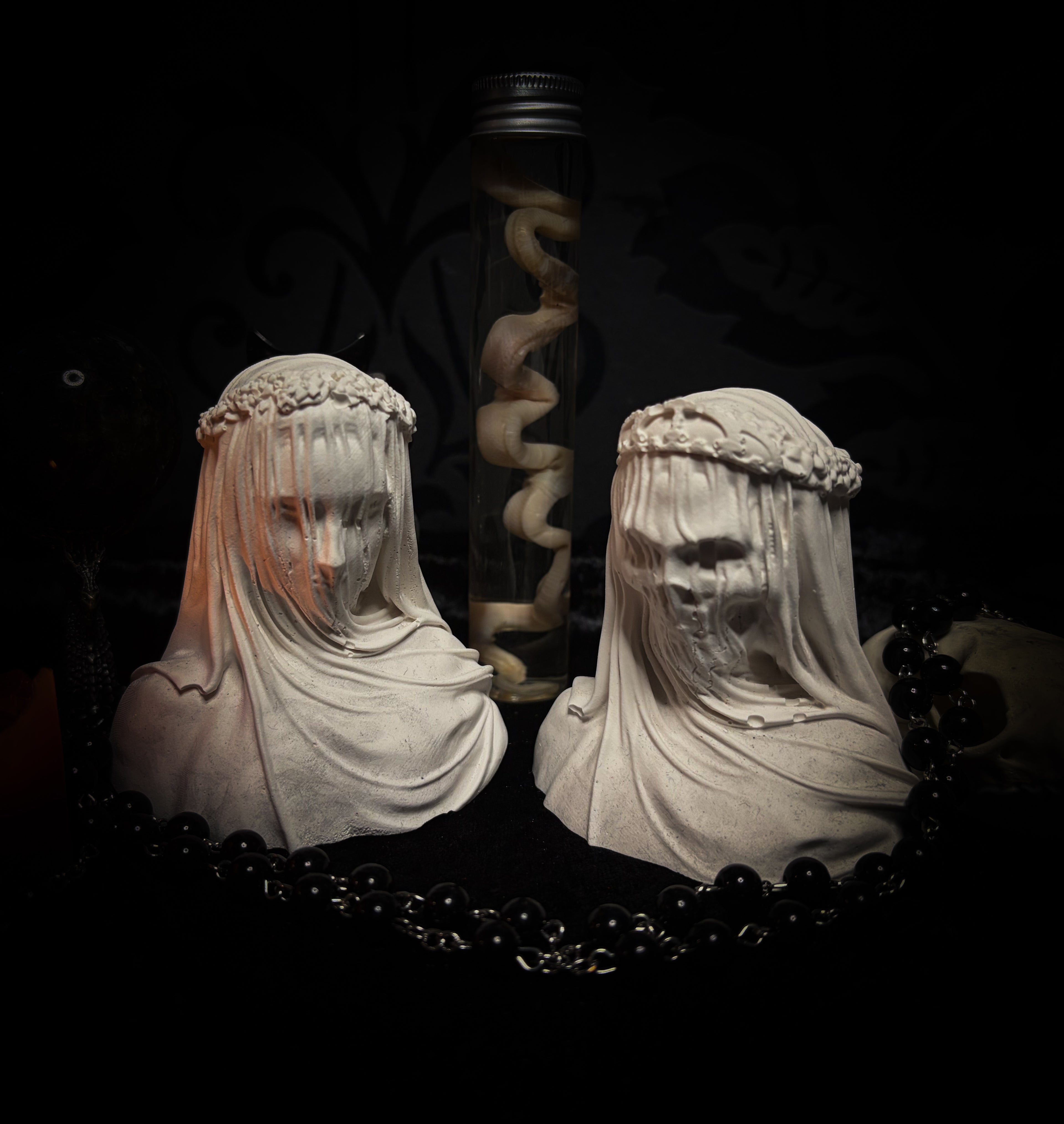 Handmade gothic veiled female bust sculpture — stone-like finish, funerary-inspired aesthetic, made to order