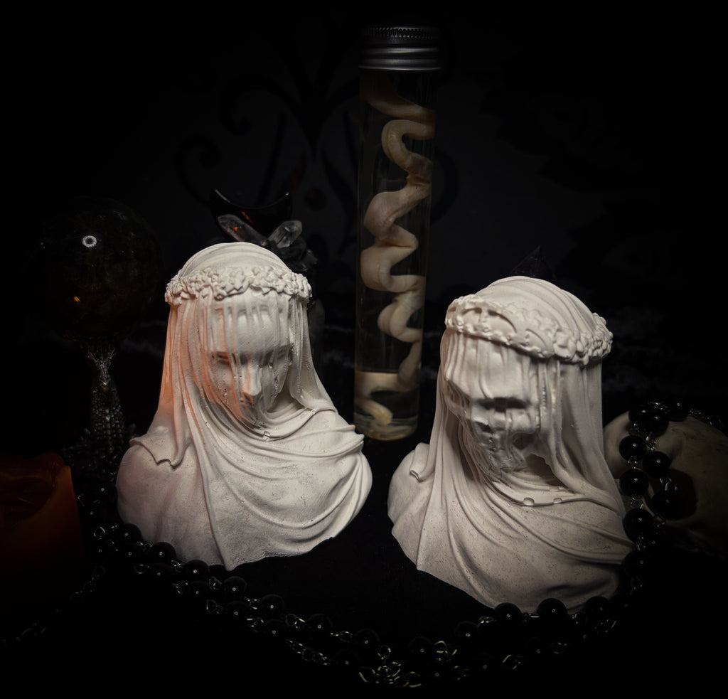 Handmade gothic veiled female bust sculpture — stone-like finish, funerary-inspired aesthetic, made to order