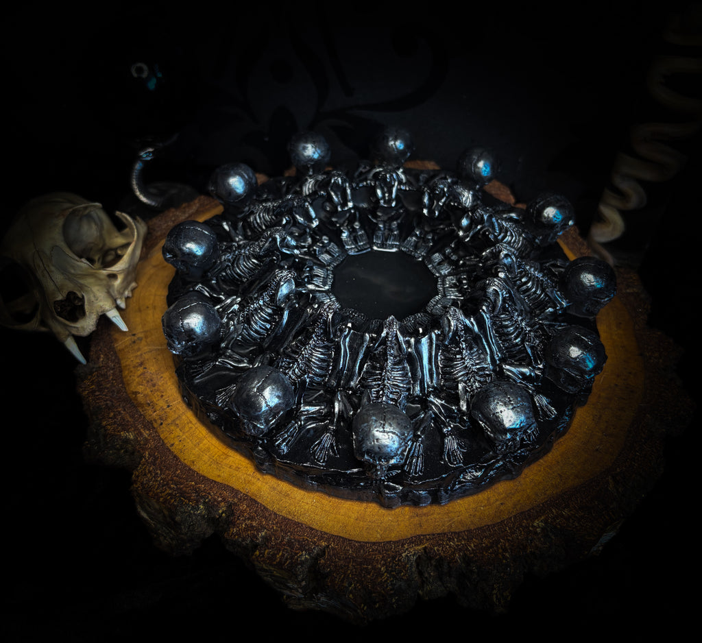 Decorative item with metallic skulls on a dark background Circulus Mortis — handmade gothic skull circle sculpture, dark metallic finish, ritual altar centerpiece, made to order