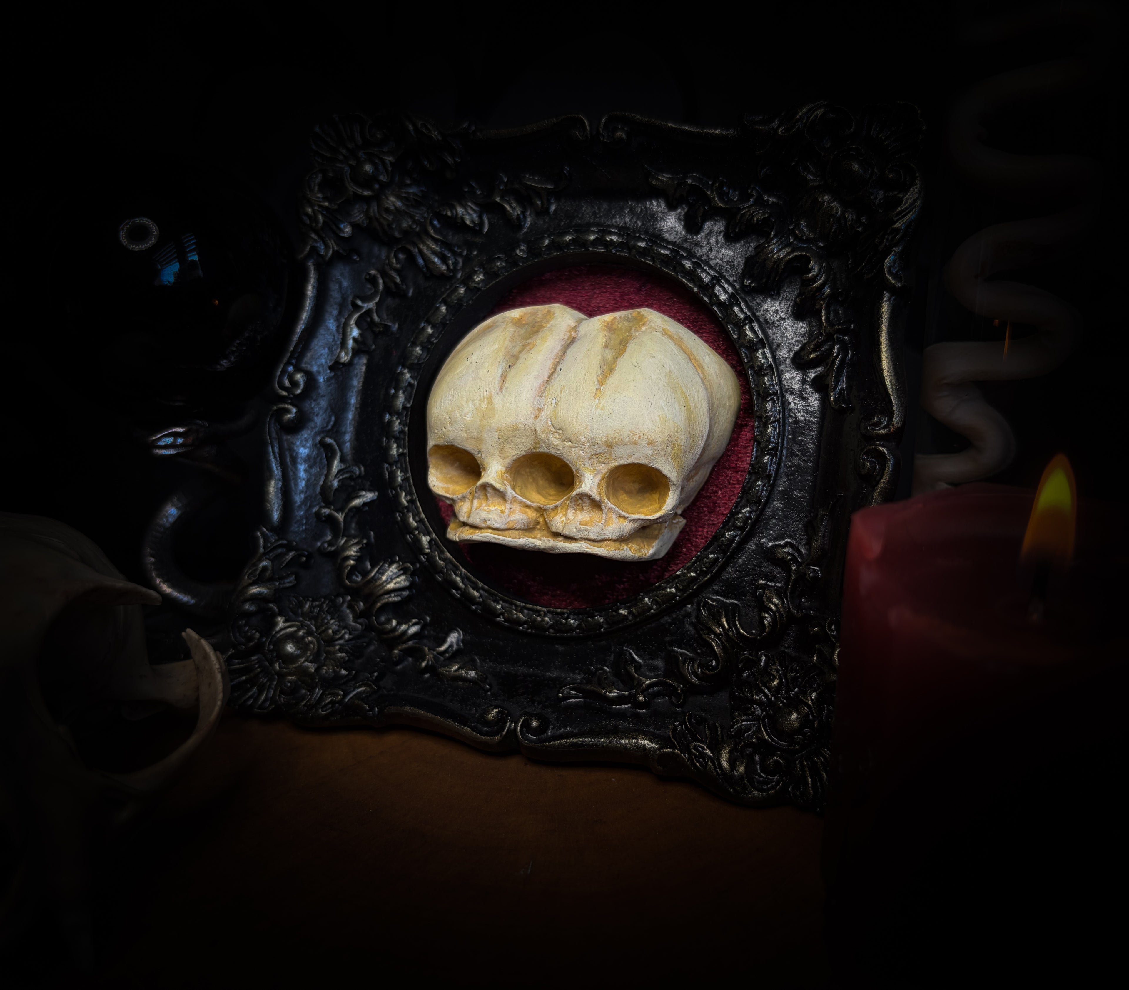handmade gothic shadowbox conjoined infant skulls hand-cast ornamental frame black velvet dark wall decor
