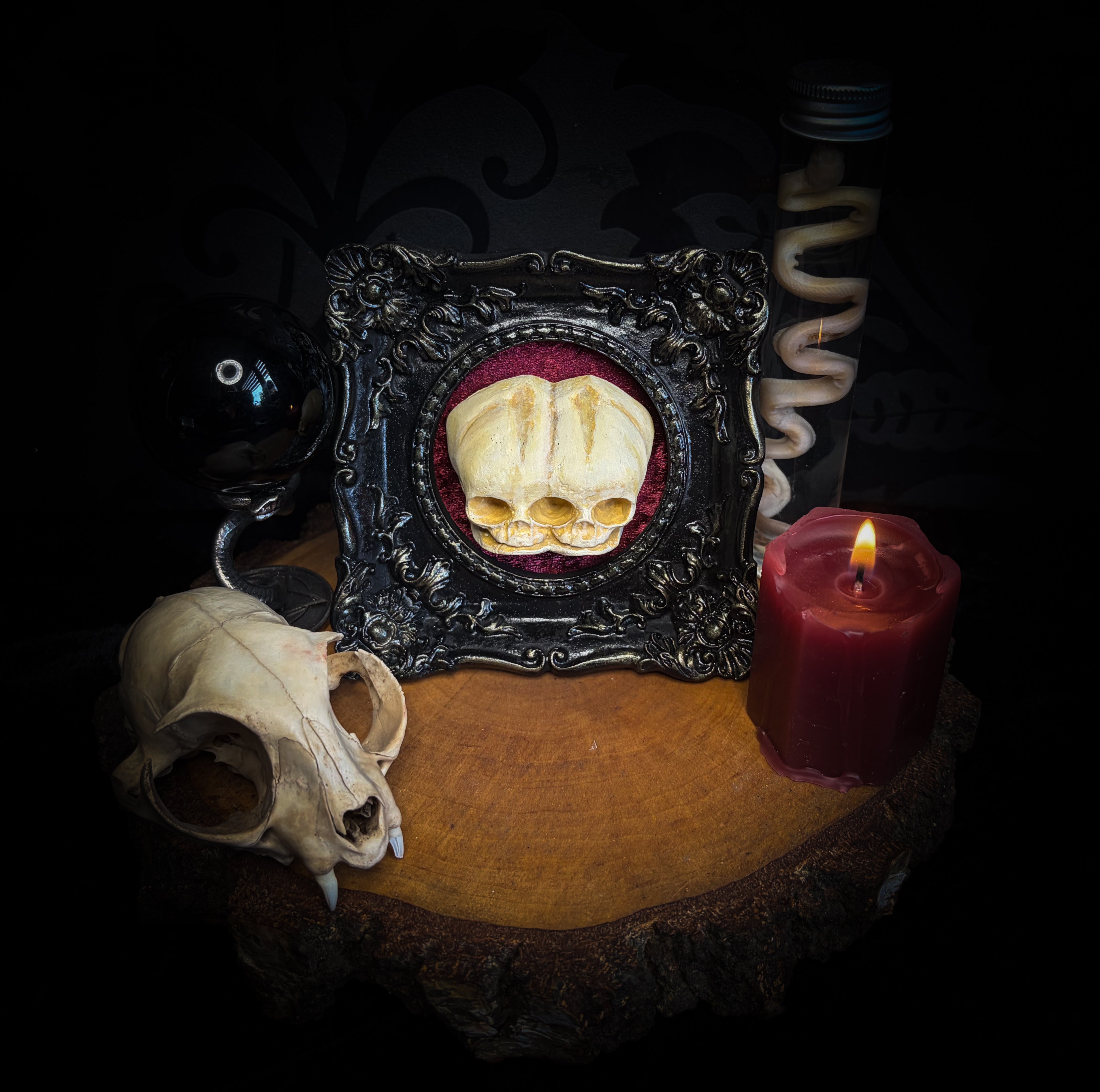 Handmade gothic shadowbox conjoined infant skulls hand-cast ornamental frame black velvet dark wall decor.