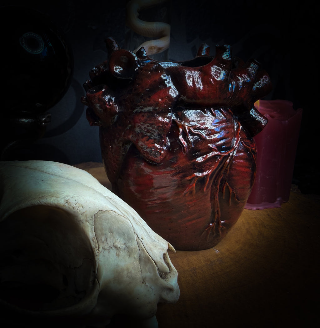 Decorative setup with a skull, heart-shaped container, and lit candle on a dark background handmade gothic anatomical heart vessel hand-painted cast sculpture dark decor