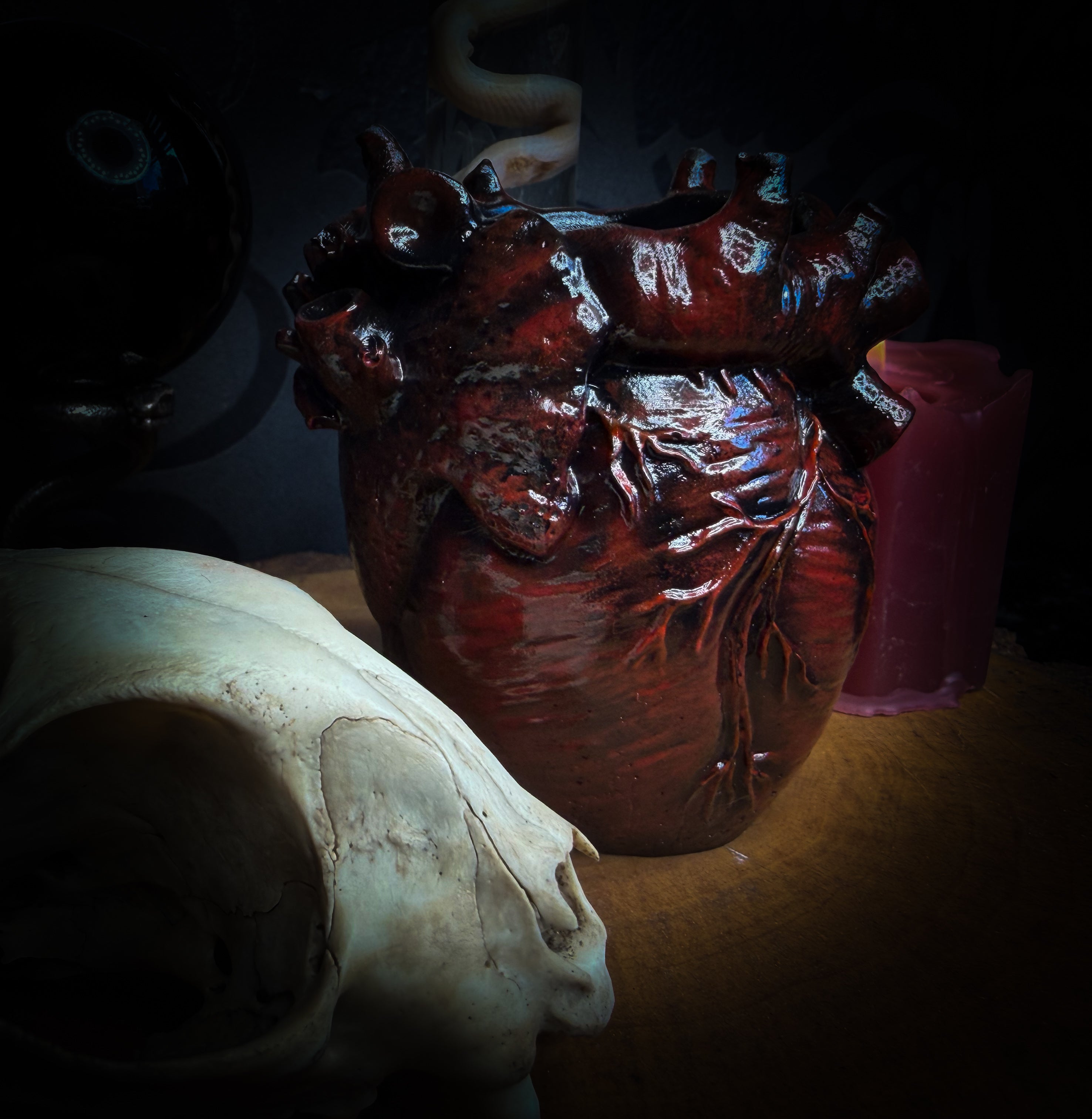 Decorative setup with a skull, heart-shaped container, and lit candle on a dark background handmade gothic anatomical heart vessel hand-painted cast sculpture dark decor